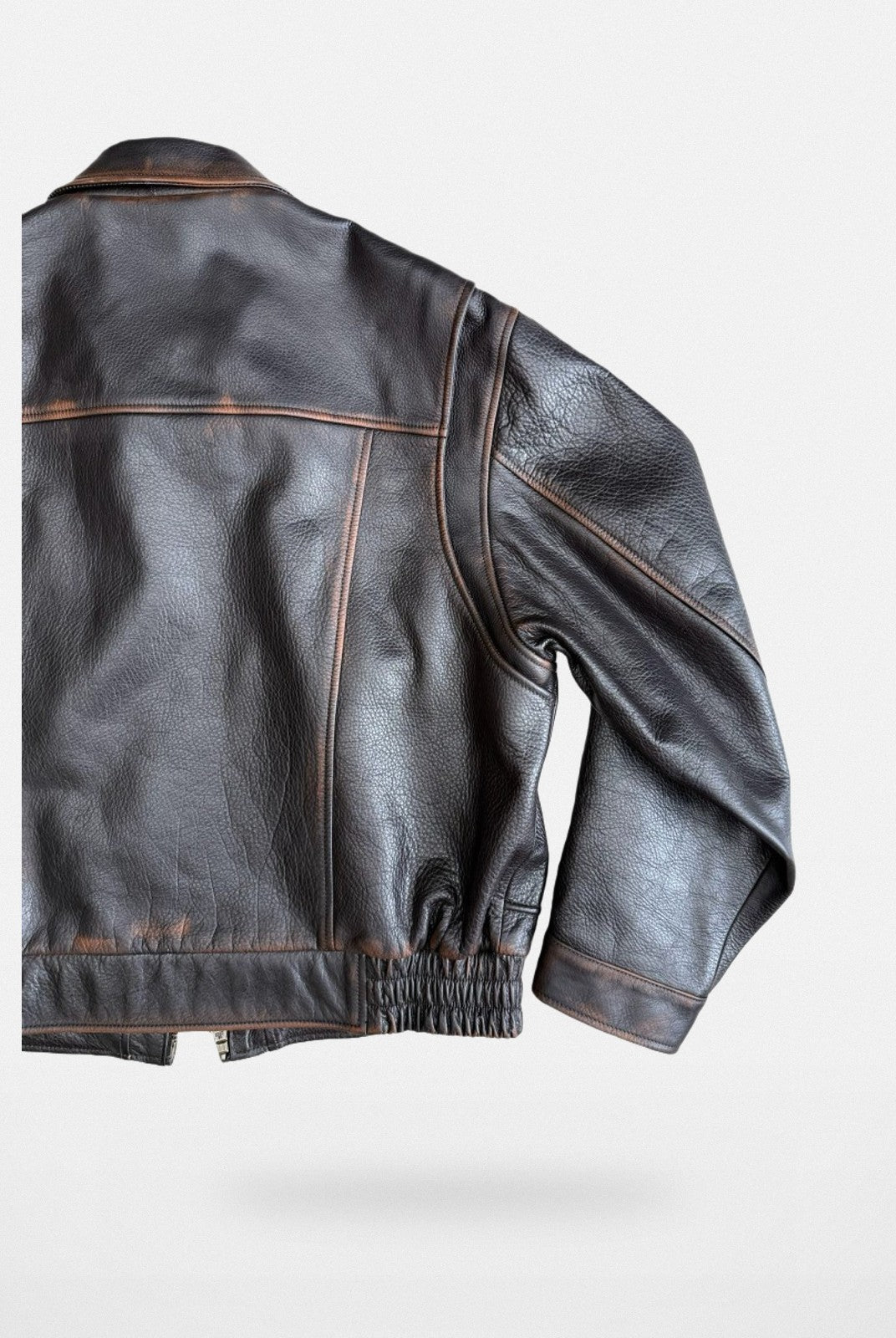 UNKNOWNWORLD Distressed Cowhide Flight Jacket in Brown - Detail