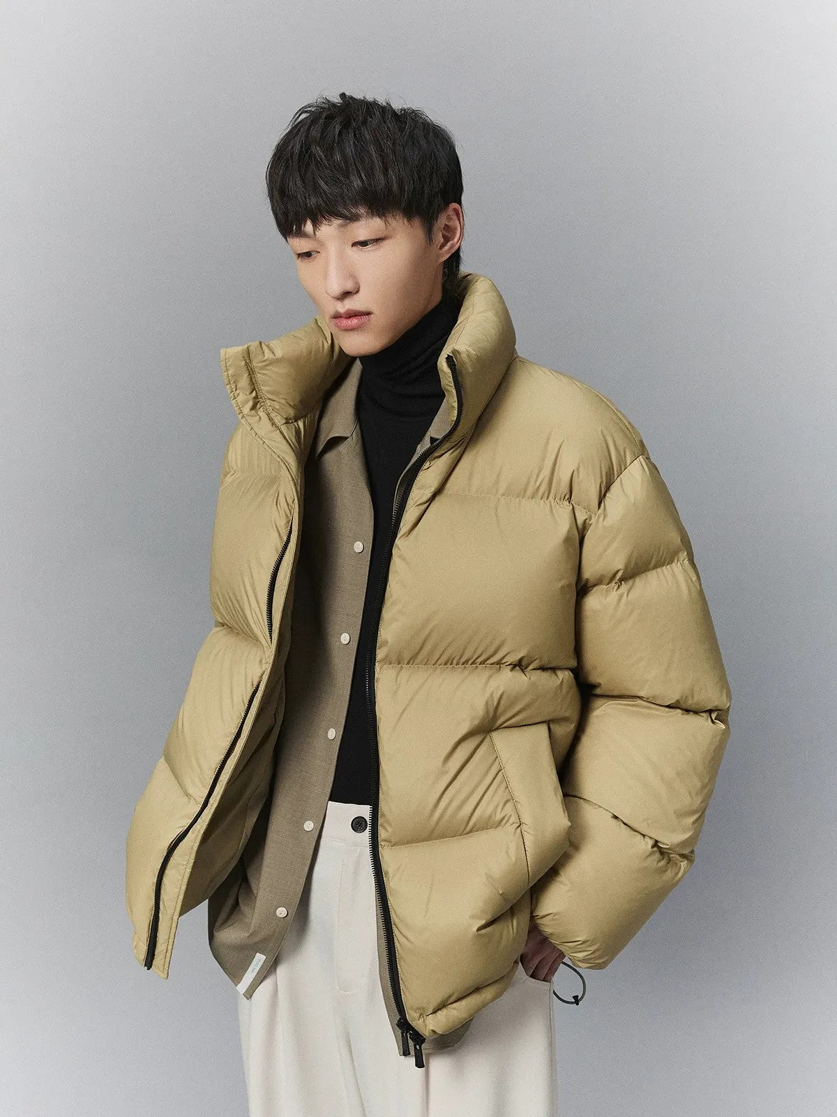 NANS Heavyweight Nylon Down Puffer in Beige - On Model