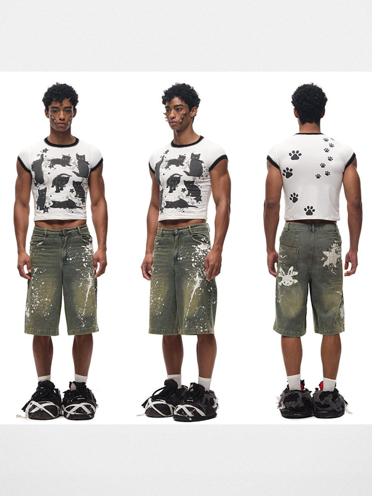 CFIERCE Black Cat Print Ringer Tee in White - On Male Model