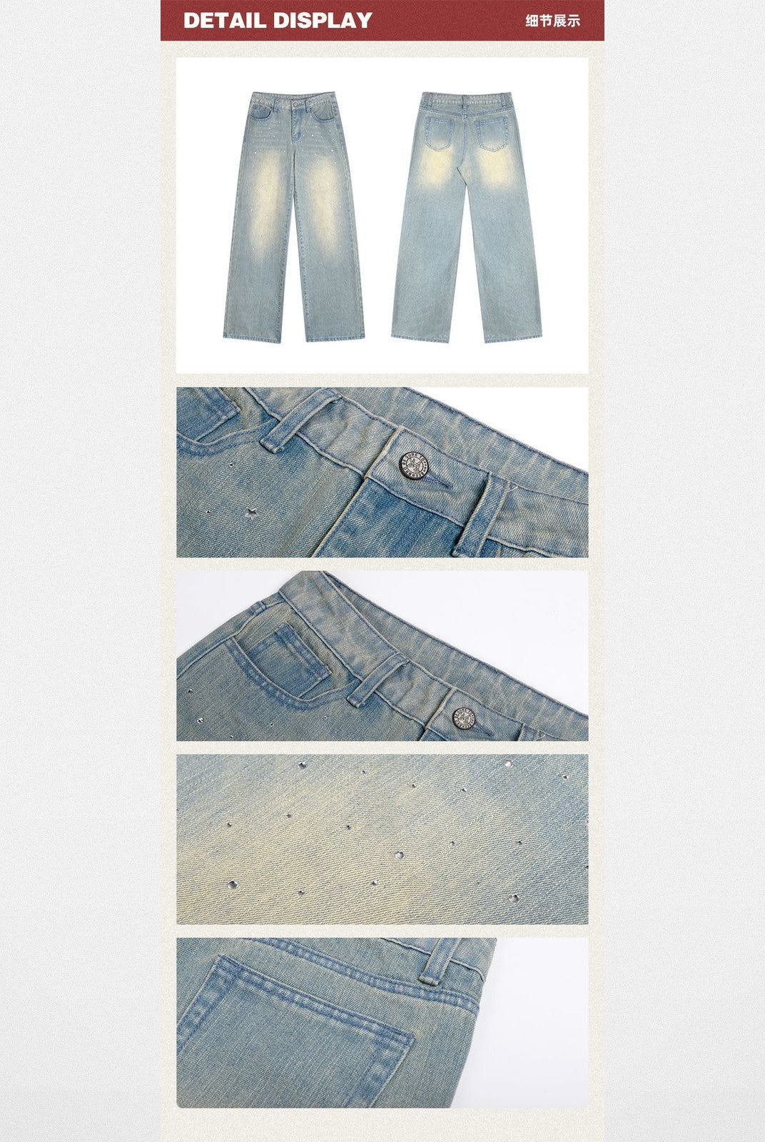 BeerBro Rhinestone Wide Leg Jeans in Blue - Detail