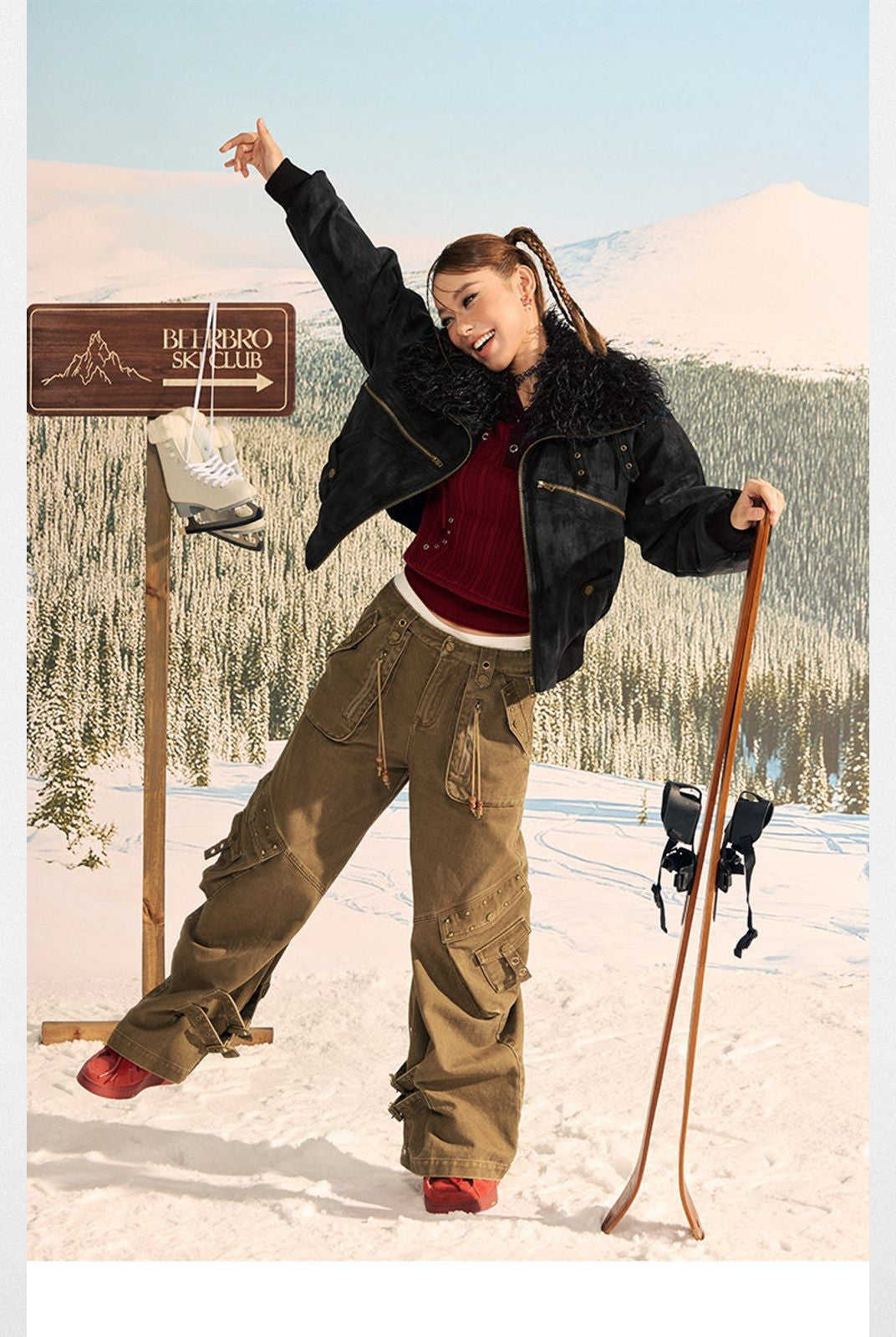 Beer Bro Faux Fur Collar PU Suede Bomber in Black - On Model