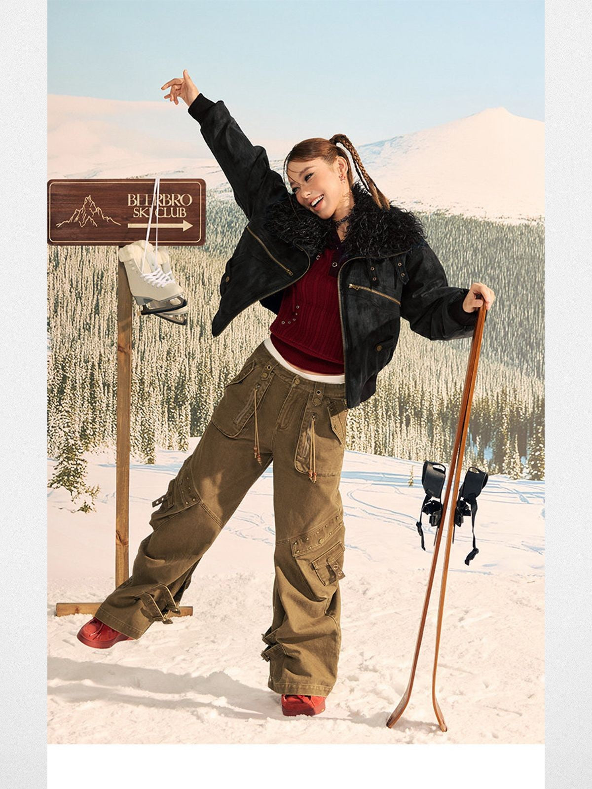 Beer Bro Faux Fur Collar PU Suede Bomber in Black - On Model