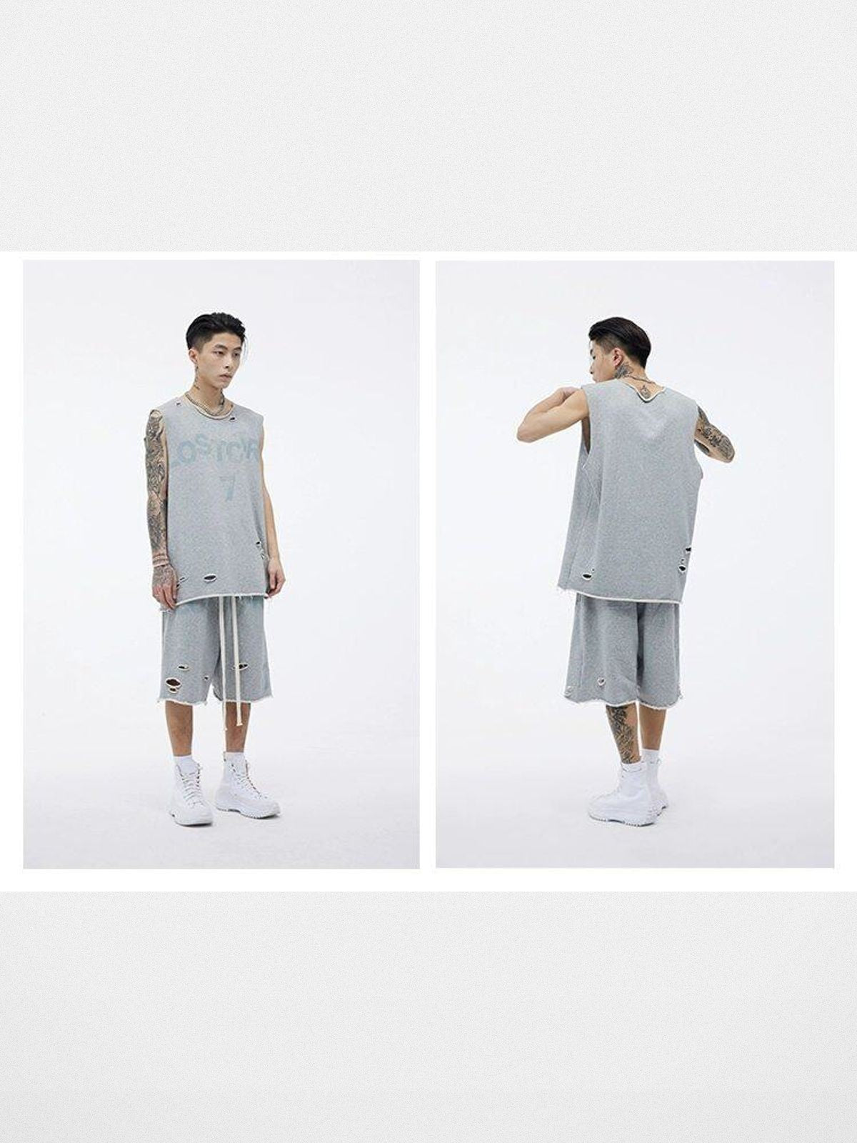 LOSTCTRL Raw Hem Distressed Cotton Shorts in Gray - On Model