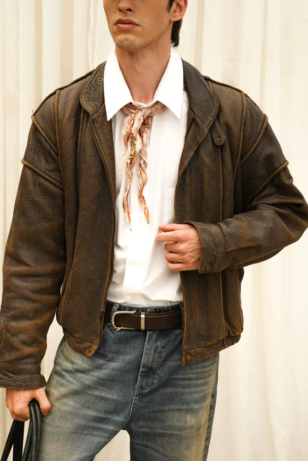 Retro 21 Irregular Pleated Vintage Print Scarf in Beige - On Model