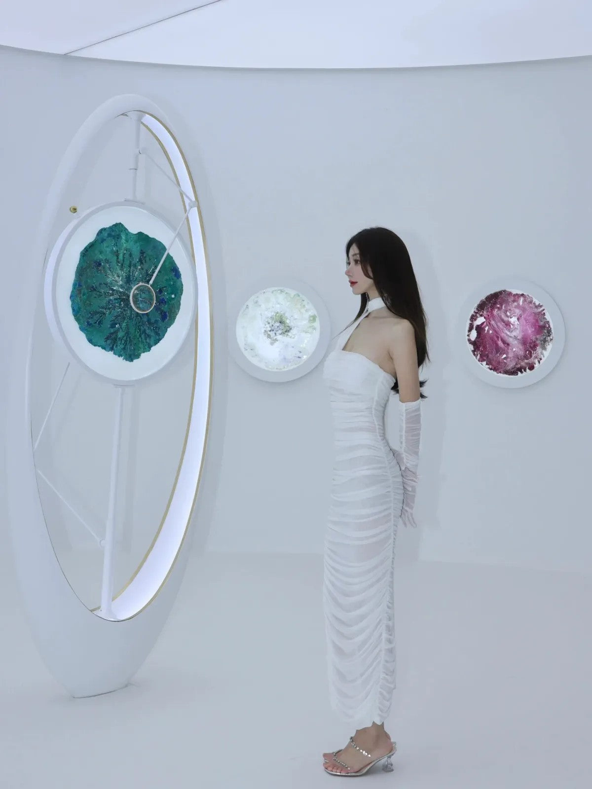 1S STUDIO Ruched Mesh Strapless Dress Set in White - On Model