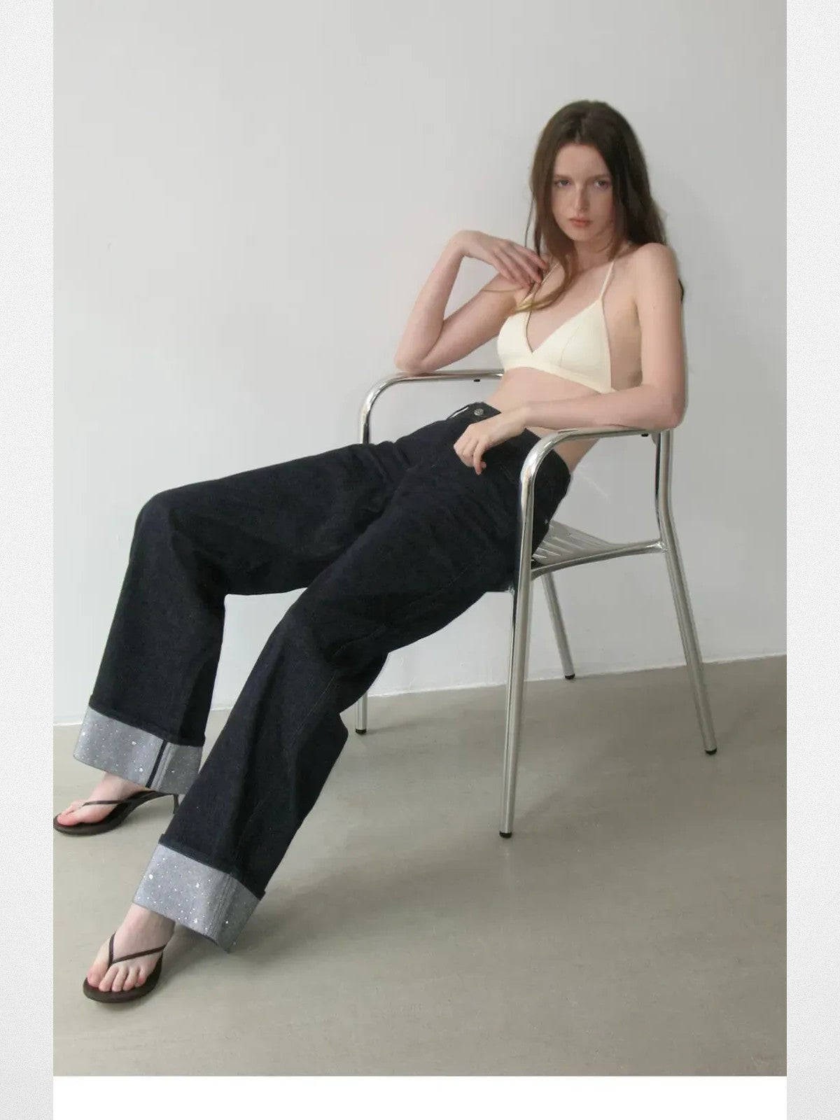 PUKI Rhinestone Cuff Curved Leg Jeans in Blue - On Model