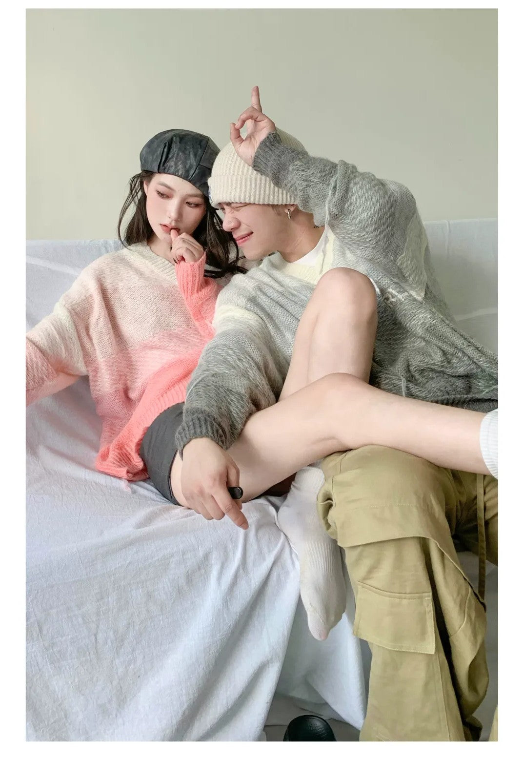 LOSTCTRL Gradient Fringe V Neck Sweater in Pink