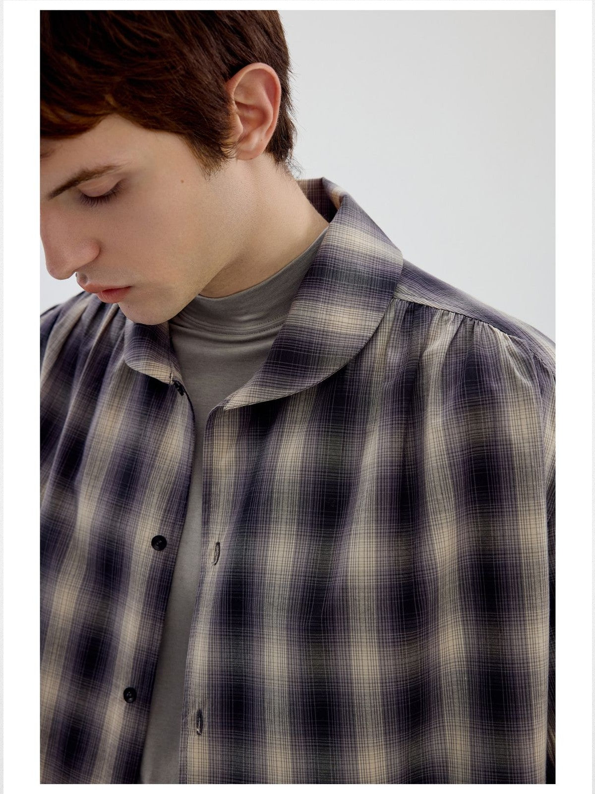 Simple Project Ruched Plaid Shawl Collar Shirt in Off-White - On Male Model