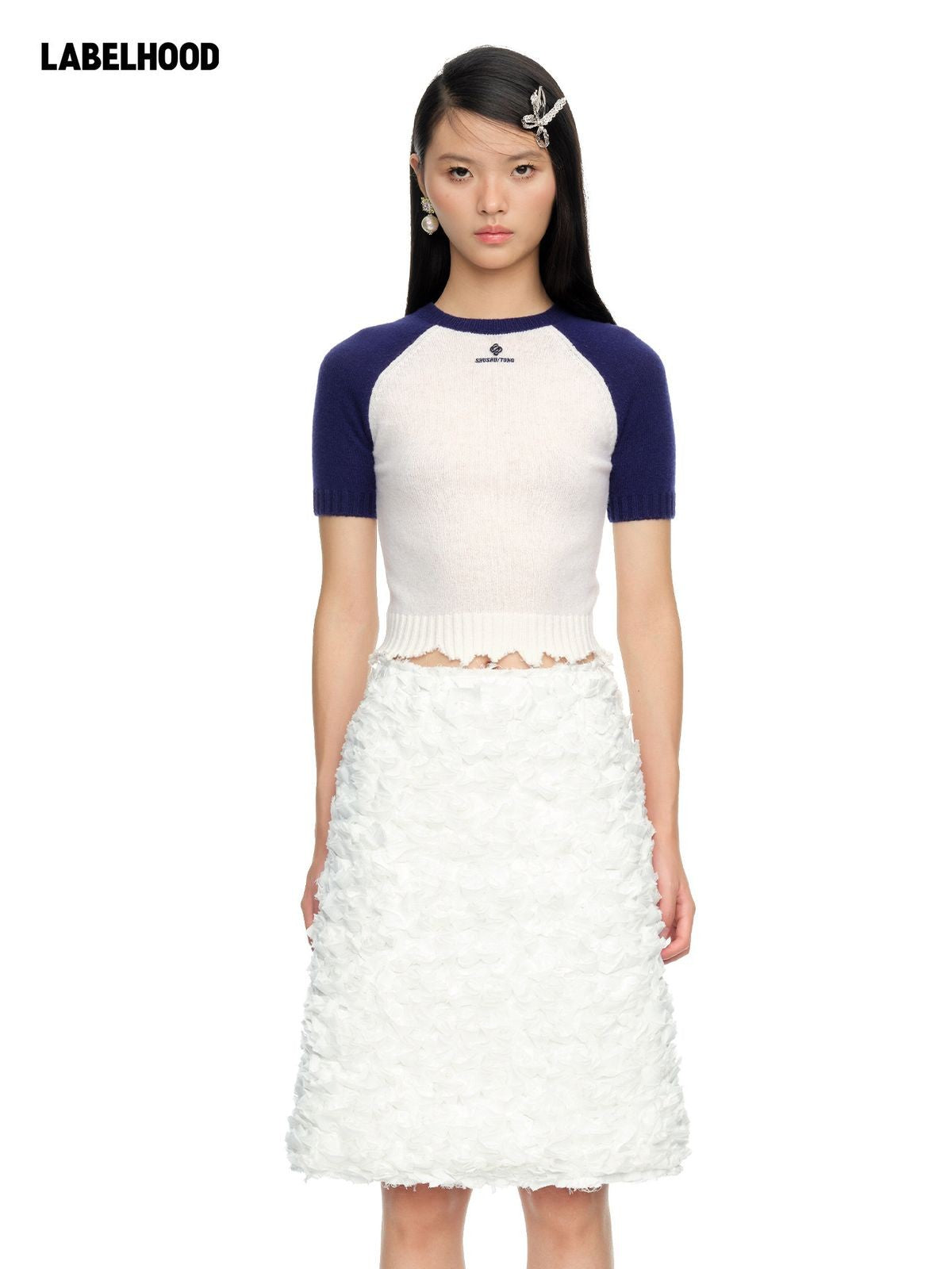 SHUSHUTONG Color Block Raw Edge Knit Top in White - On Model
