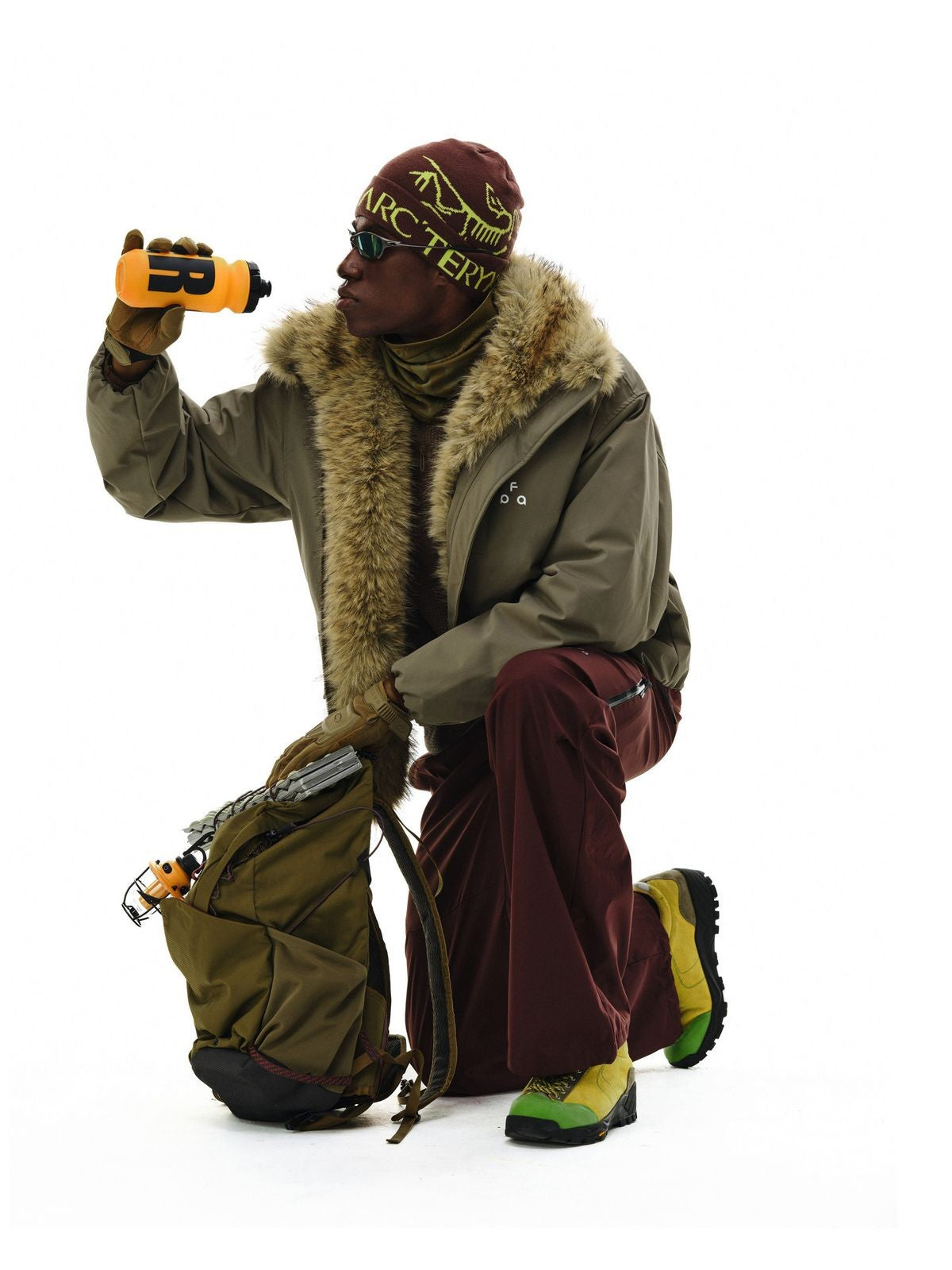 FPA Faux Mink Collar Down Parka in Olive - On Model