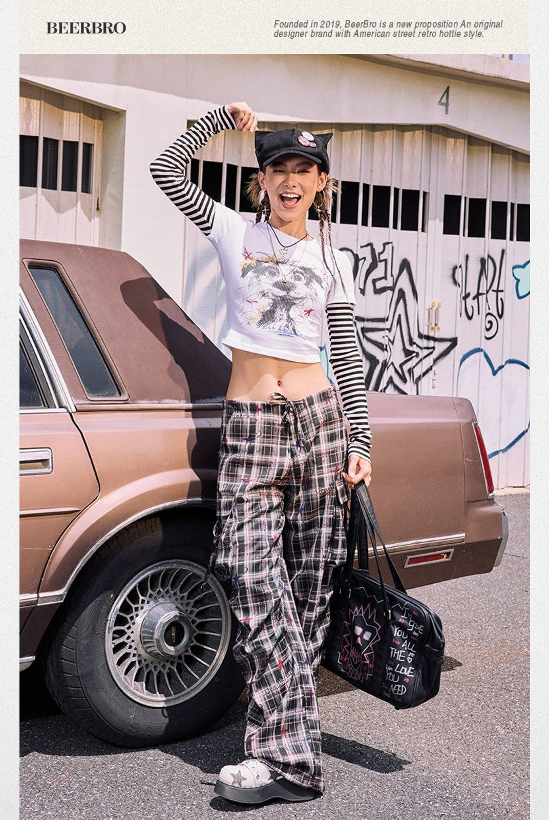 BeerBro Graffiti Plaid Strap Cargo Pants in Sky Blue