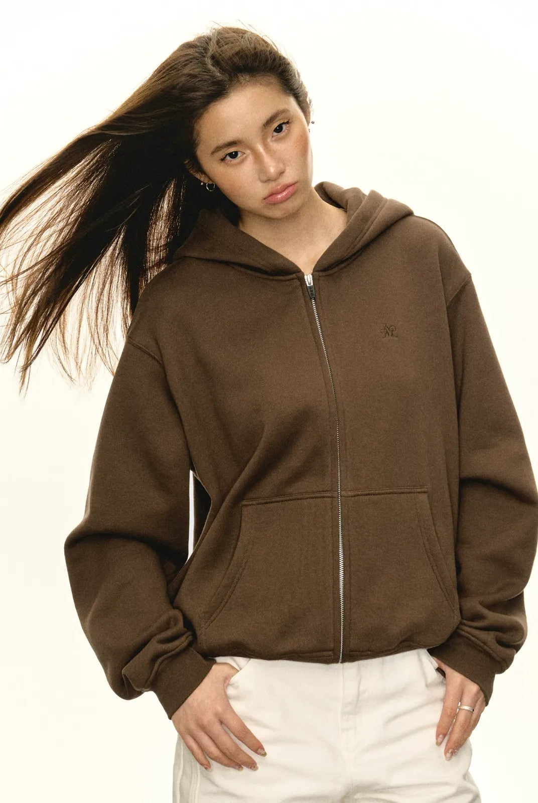 ARISEISM Oversized Cotton Blend Zip Up Hoodie in Brown - On Model