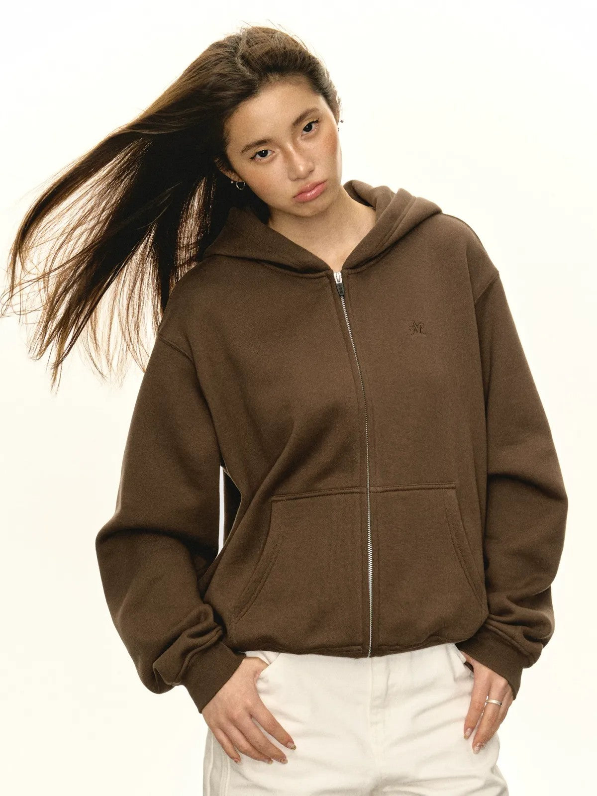 ARISEISM Oversized Cotton Blend Zip Up Hoodie in Brown - On Model