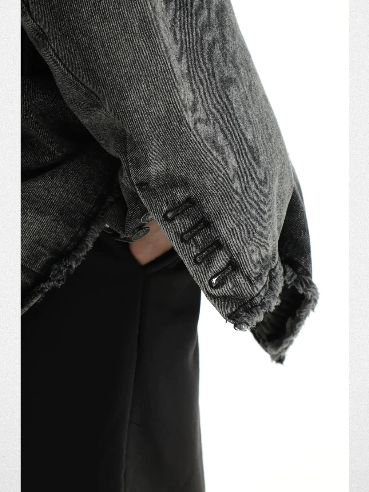 MASONPRINCE Deconstructed Distressed Denim Blazer in Gray #color_gray