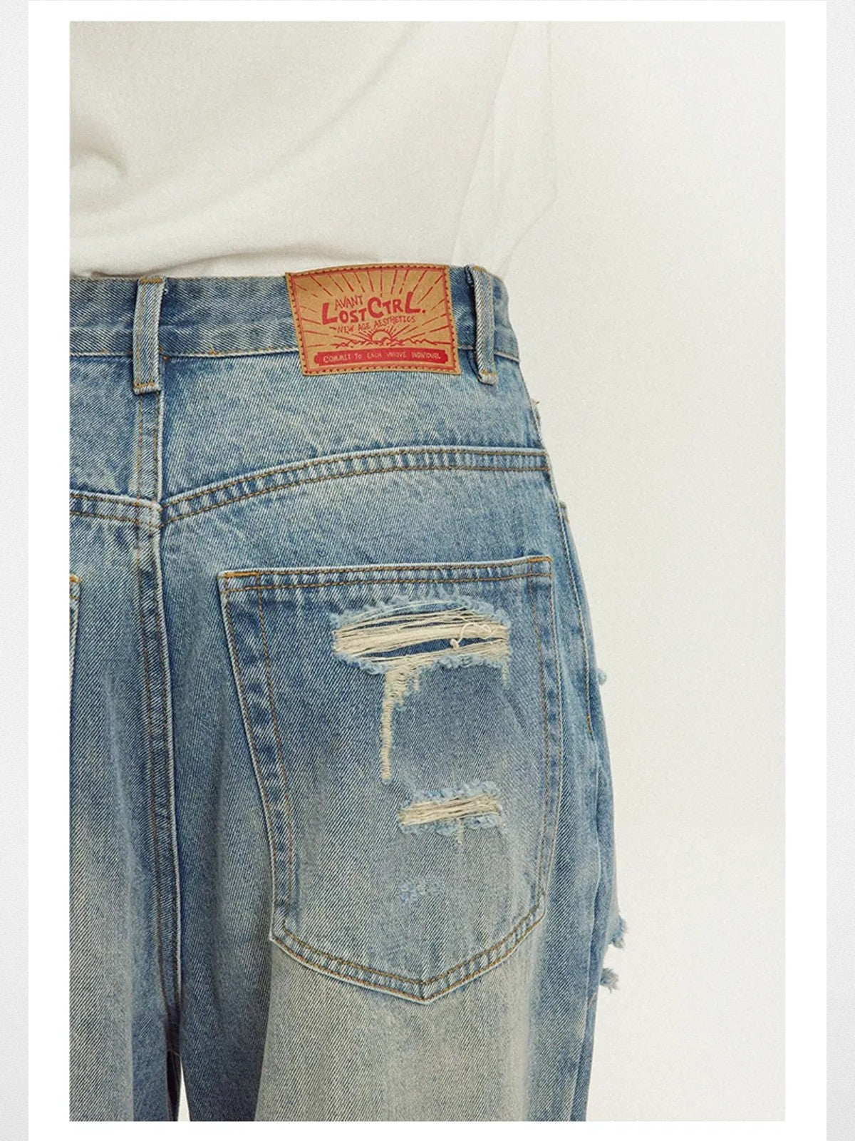 LOSTCTRL Double Layer Distressed Straight Jeans in Blue