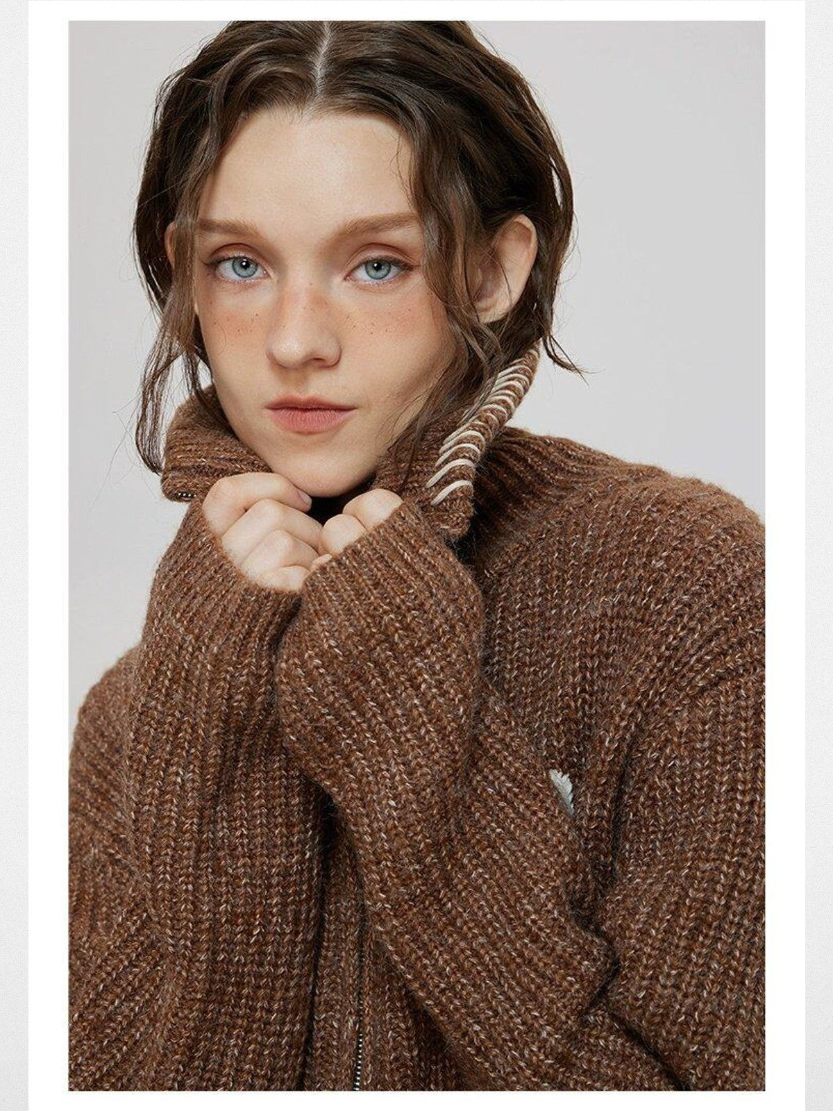 LOSTCTRL Double Zip Embroidered Cardigan in Brown - On Model