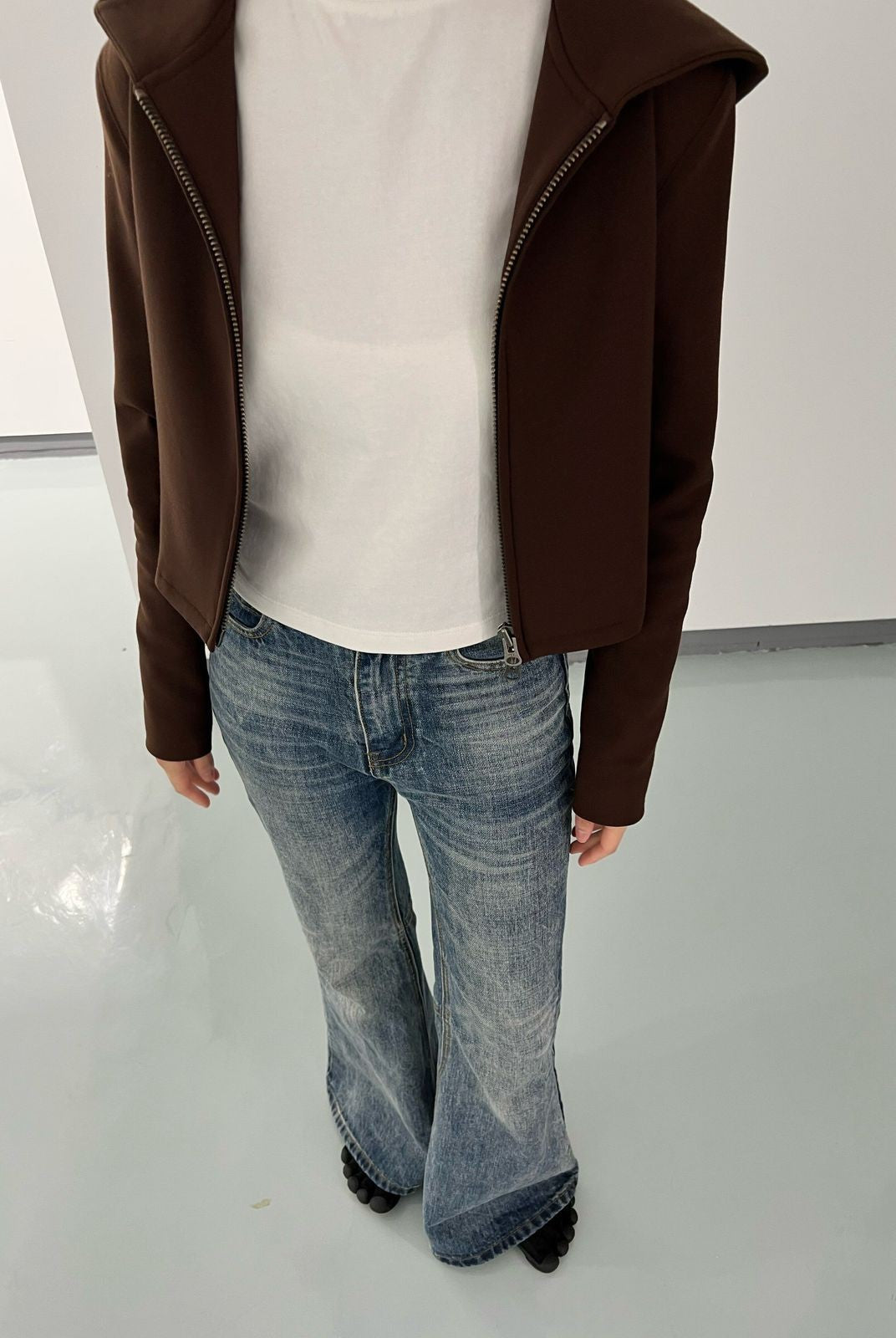 Alright then Hooded Wool Double Zip Jacket in Brown - On Model