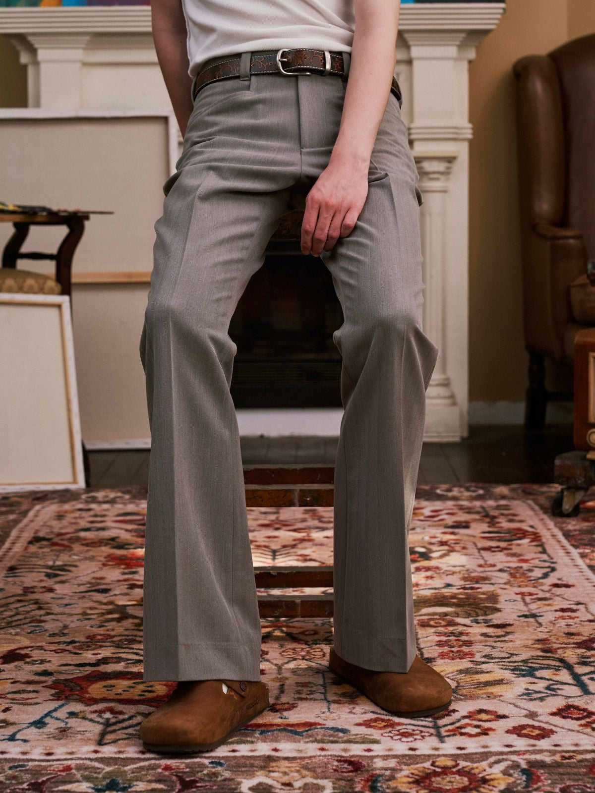 Retro 21 Center Seam Micro Flare Trousers in Gray - On Model