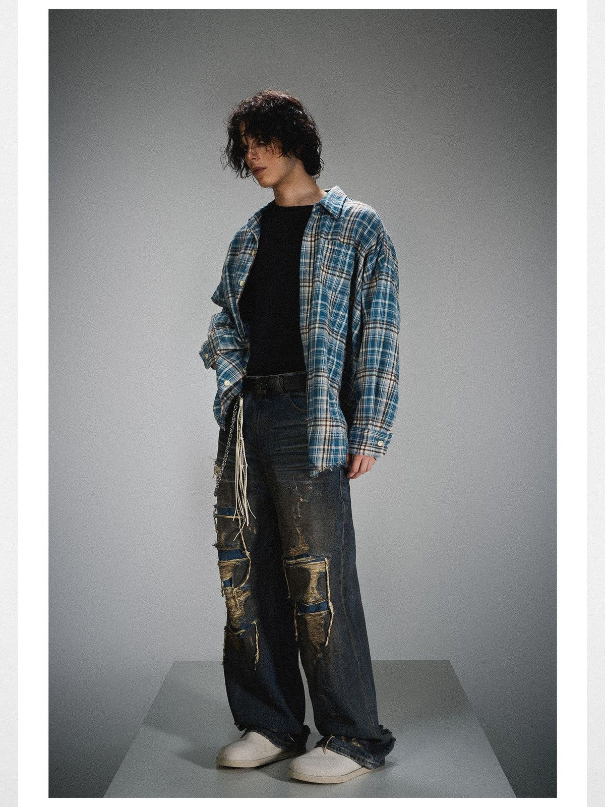 LOSTCTRL Raw Hem Plaid Shirt in Blue - On Model