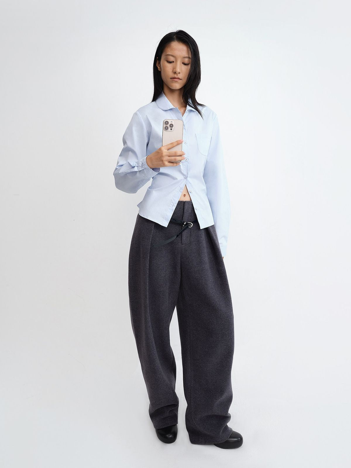 RARELY ALIKE Cotton Peter Pan Collar Blouse in Sky Blue - On Model