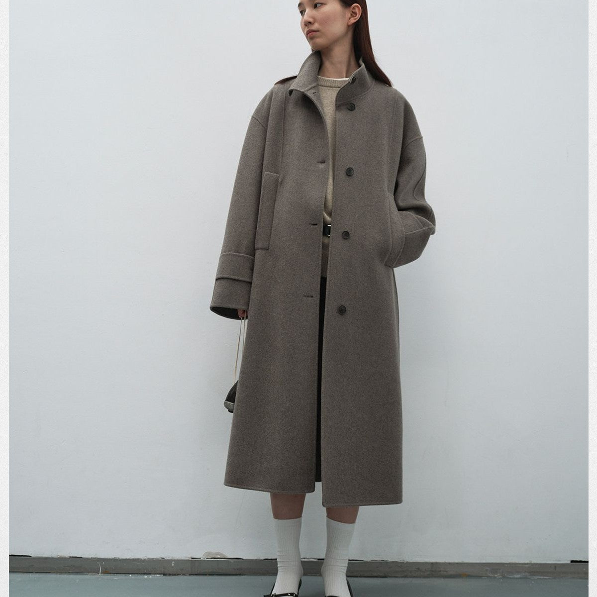RandomPiece Wool Camel Hair Stand Collar Coat in Beige - On Model
