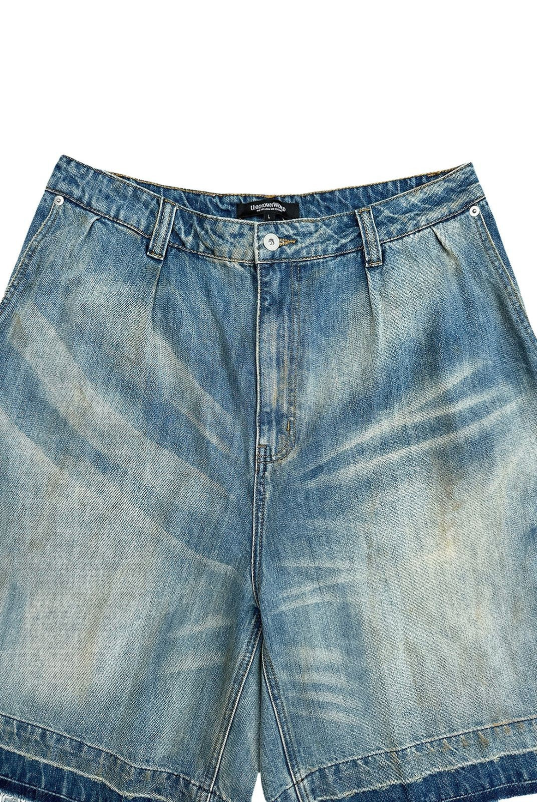 UNKNOWNWORLD Distressed Wash Baggy Shorts in Blue