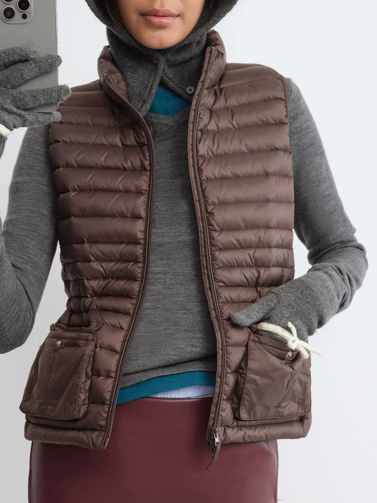 RARELY ALIKE Cinched Waist Down Vest in Brown - On Model