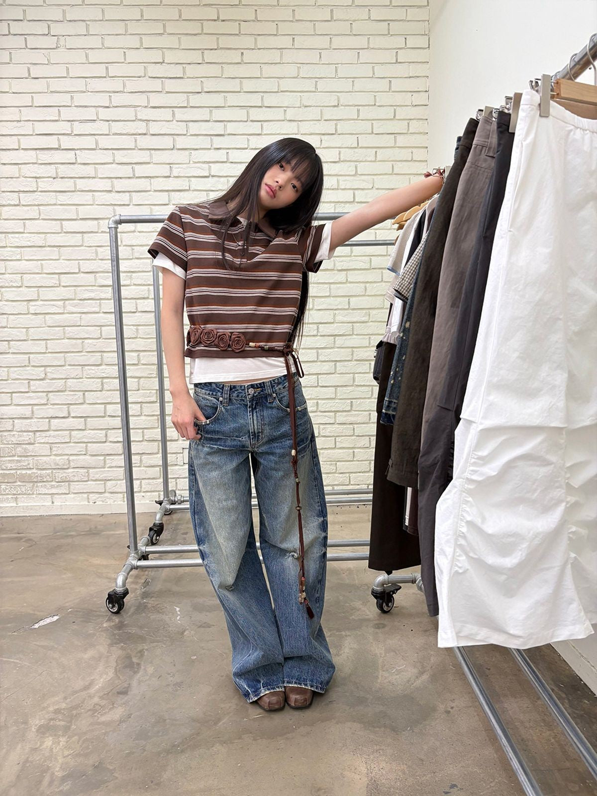 NeverSeez Striped Drawstring Cropped Polo in Brown - On Model