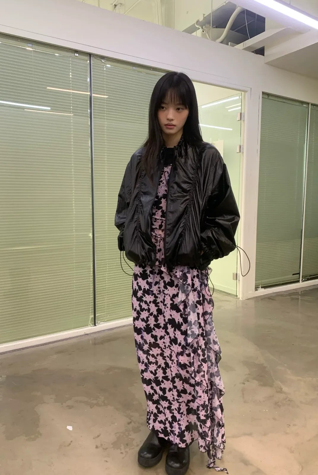 NeverSeez Glossy Ruched Tencel Windbreaker in Black - On Model