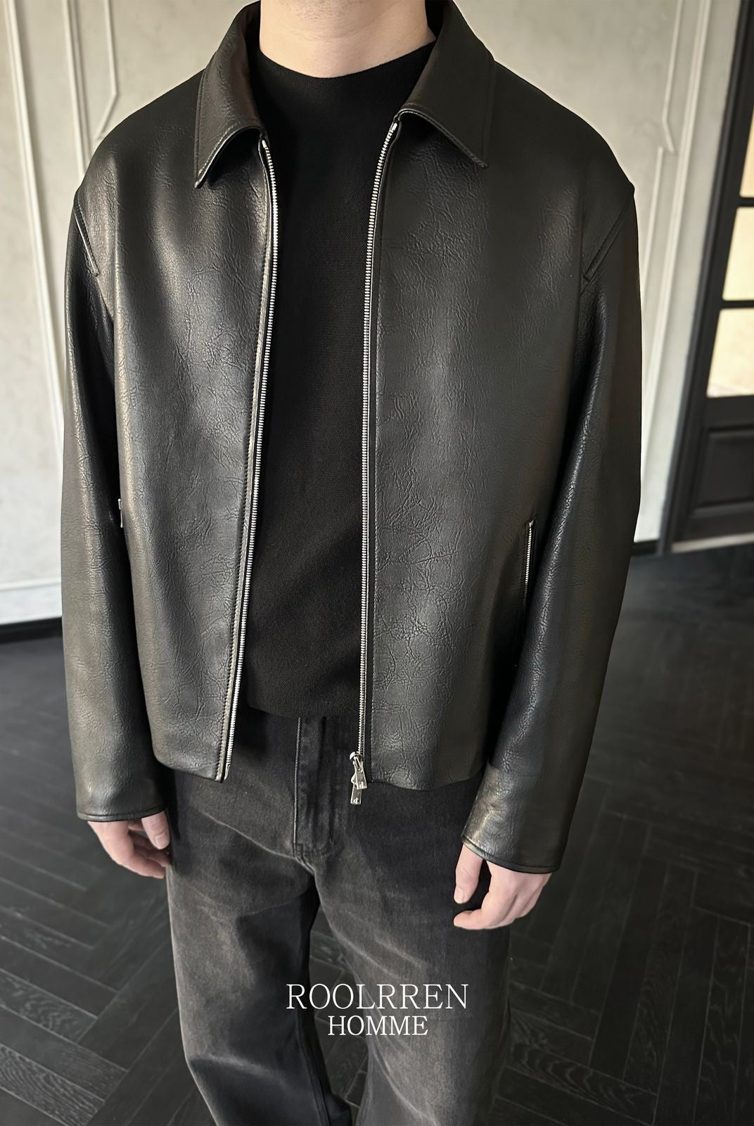 Roolrren Homme Distressed Italian Sheepskin Jacket in Black - On Model