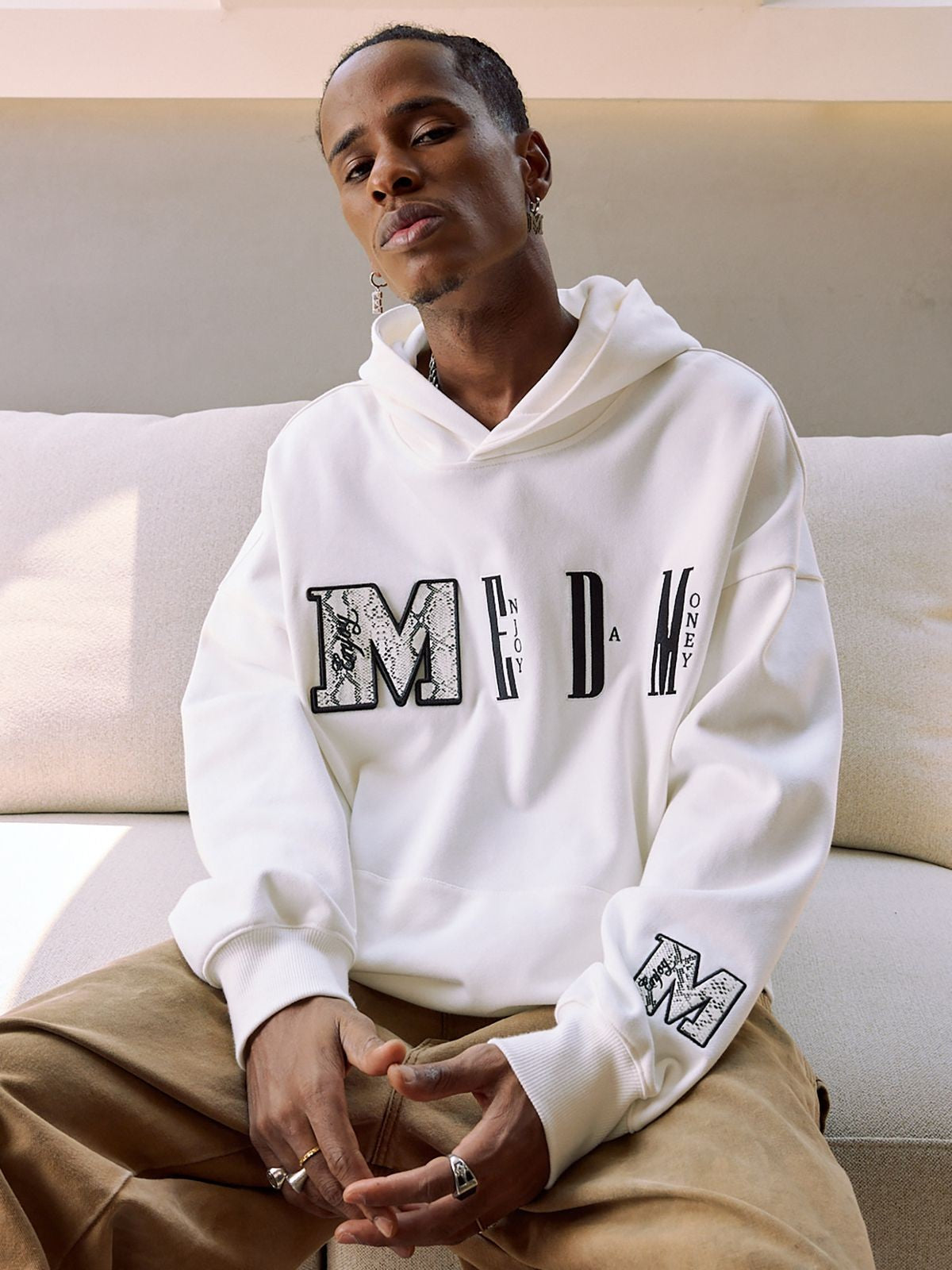 MEDM Leopard Patch Logo Hoodie in White - On Male Model