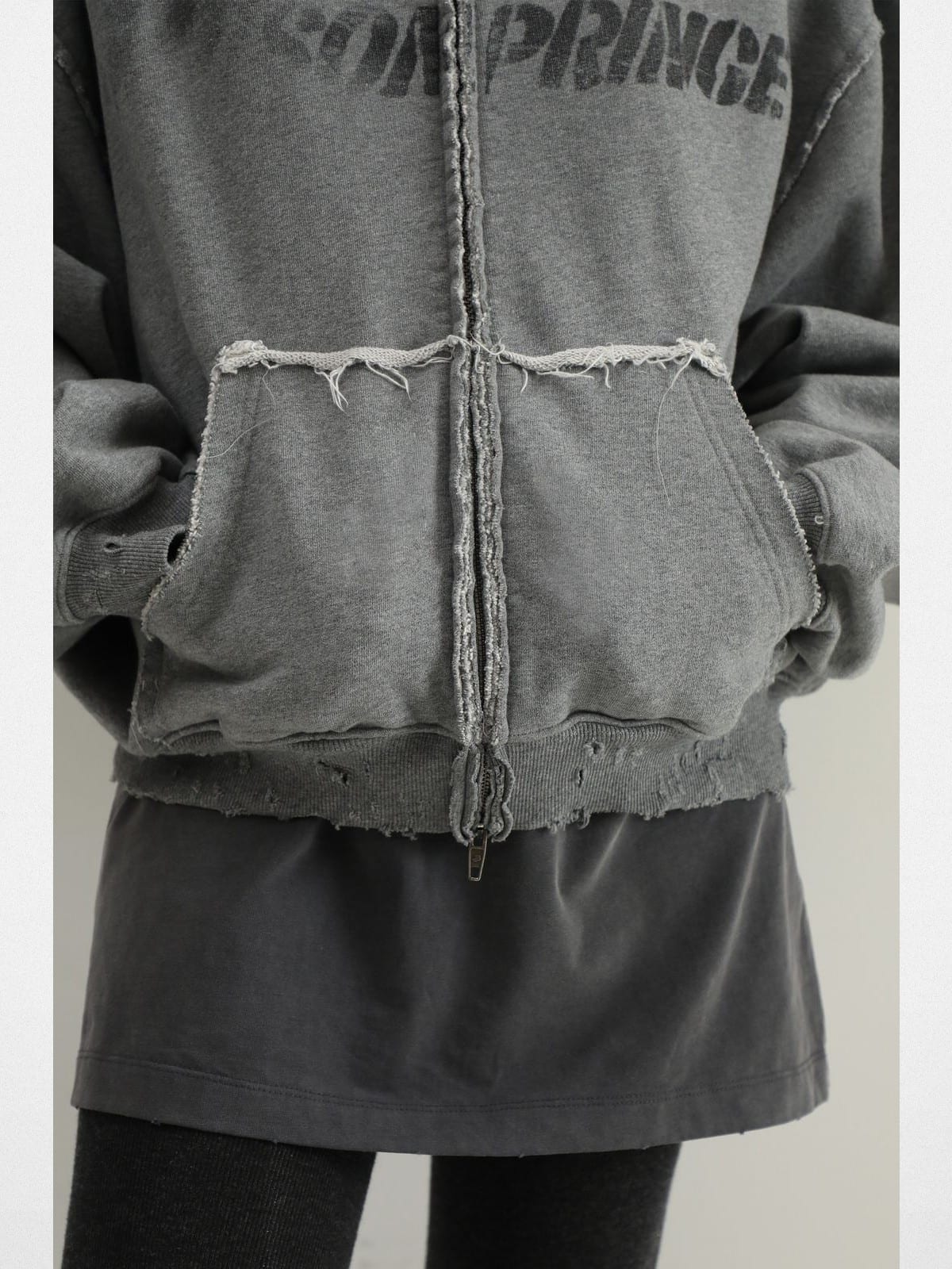 MasonPrince Distressed Graffiti Zip Hoodie in Gray - On Model