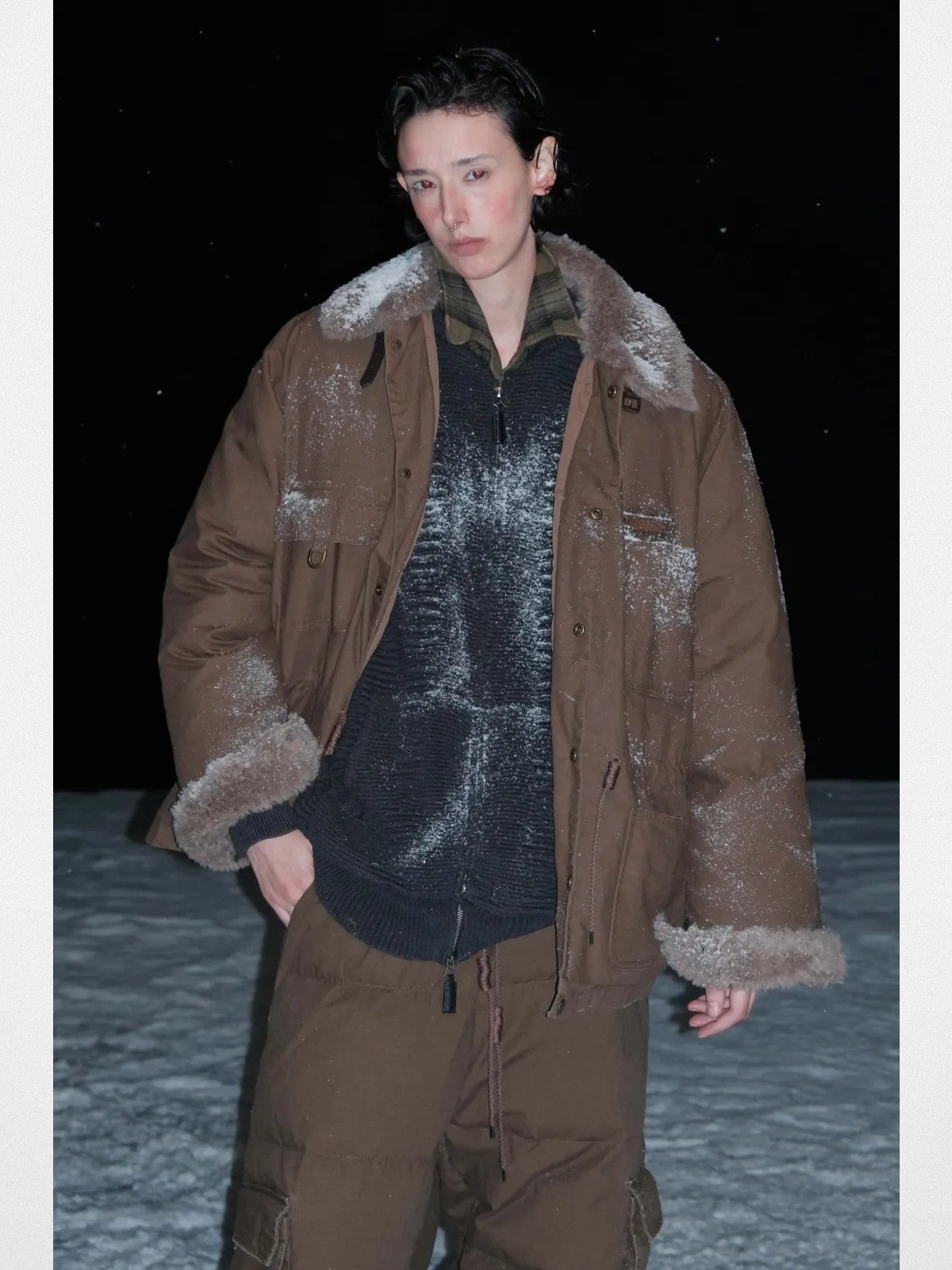 MASONPRINCE Sherpa Collar Utility Down Jacket in Green - On Model