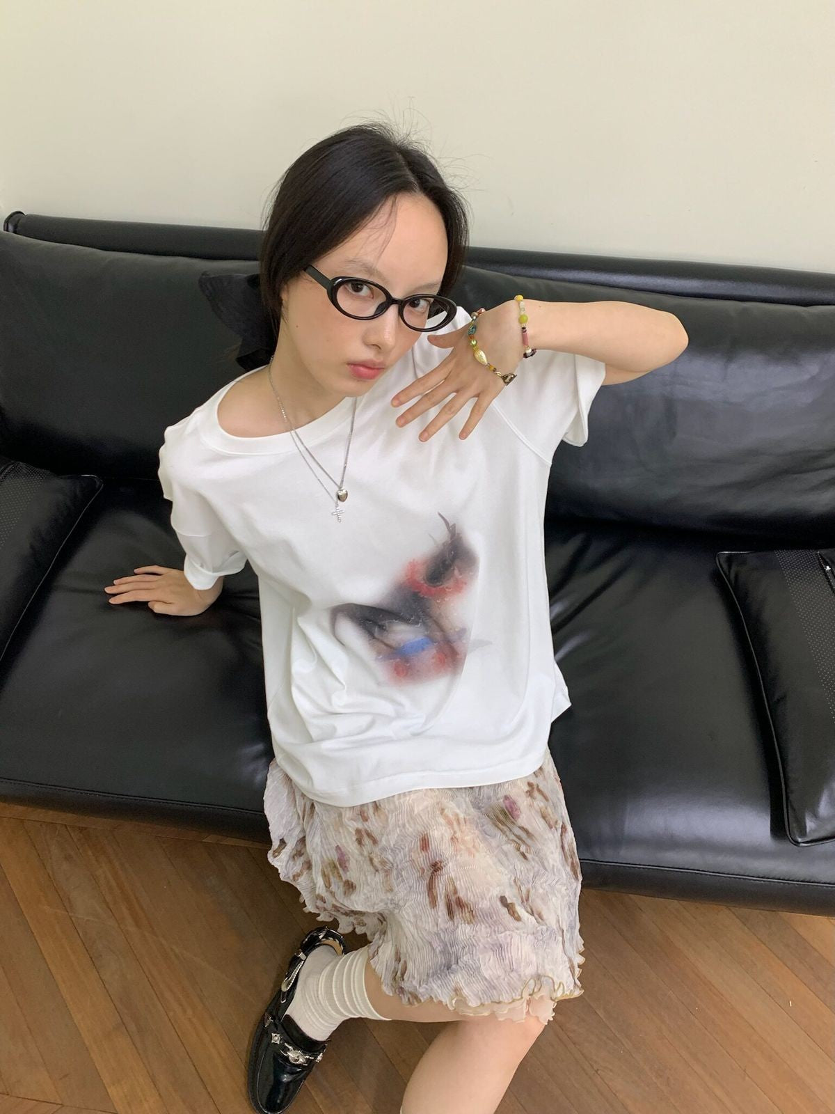 NeverSeez Hazy Puppy Print Cotton T Shirt in White - On Female Model