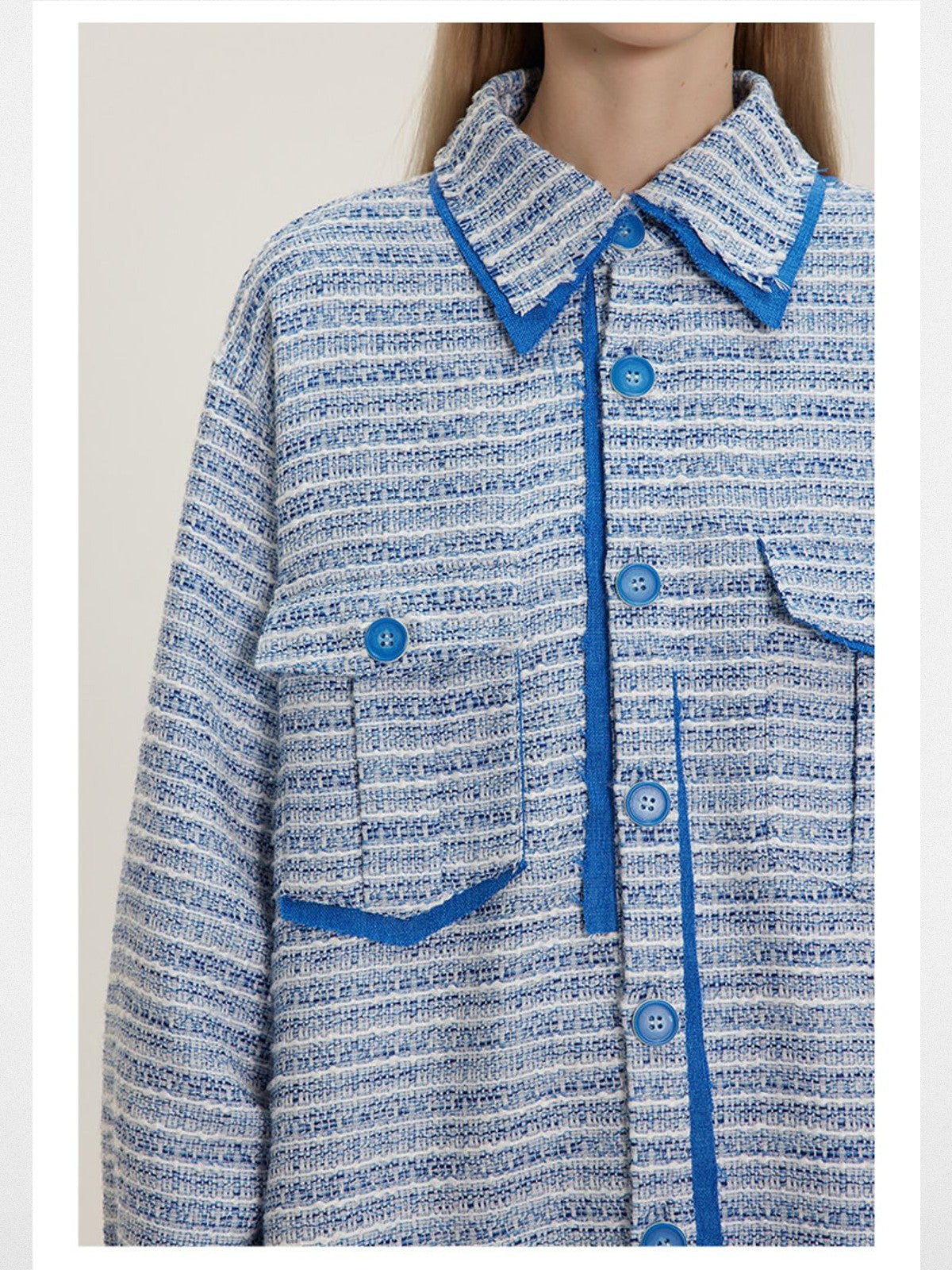 LOSTCTRL Deconstructed Tweed Jacket in Blue - On Model