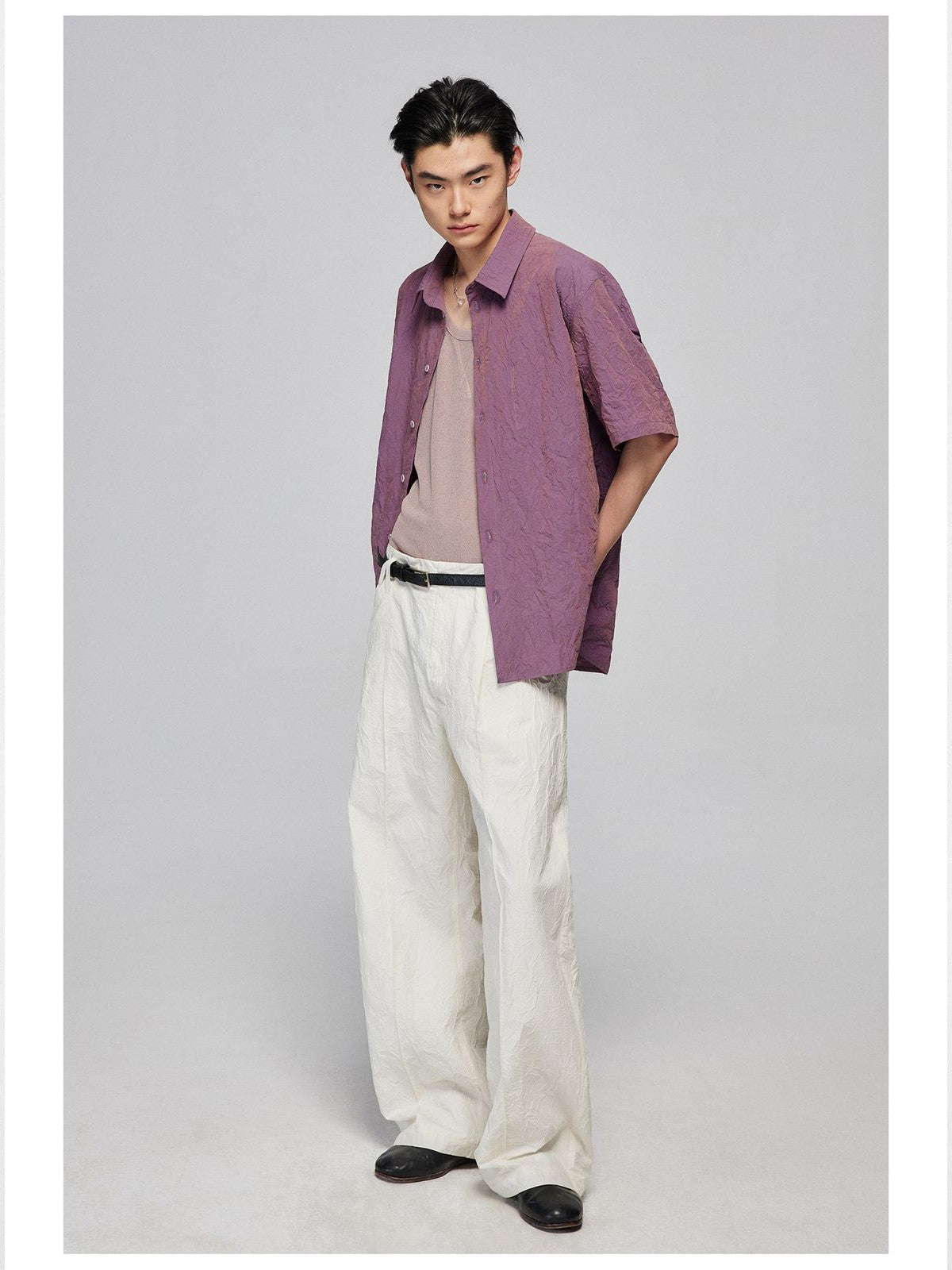 Simple Project Crinkled Straight Leg Trousers in White - On Male Model