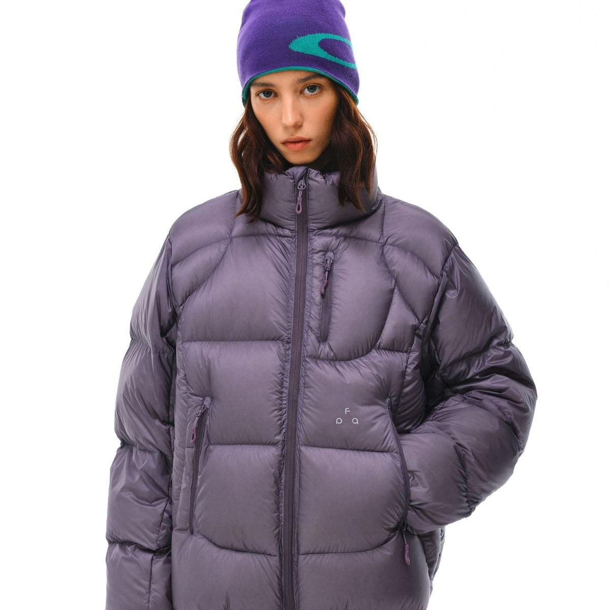 FPA Stand Collar Goose Down Puffer in Purple - On Female Model