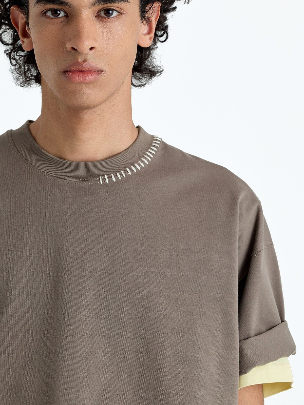 NANS Hand Stitched Fringe Oversized Tee in Beige - On Model