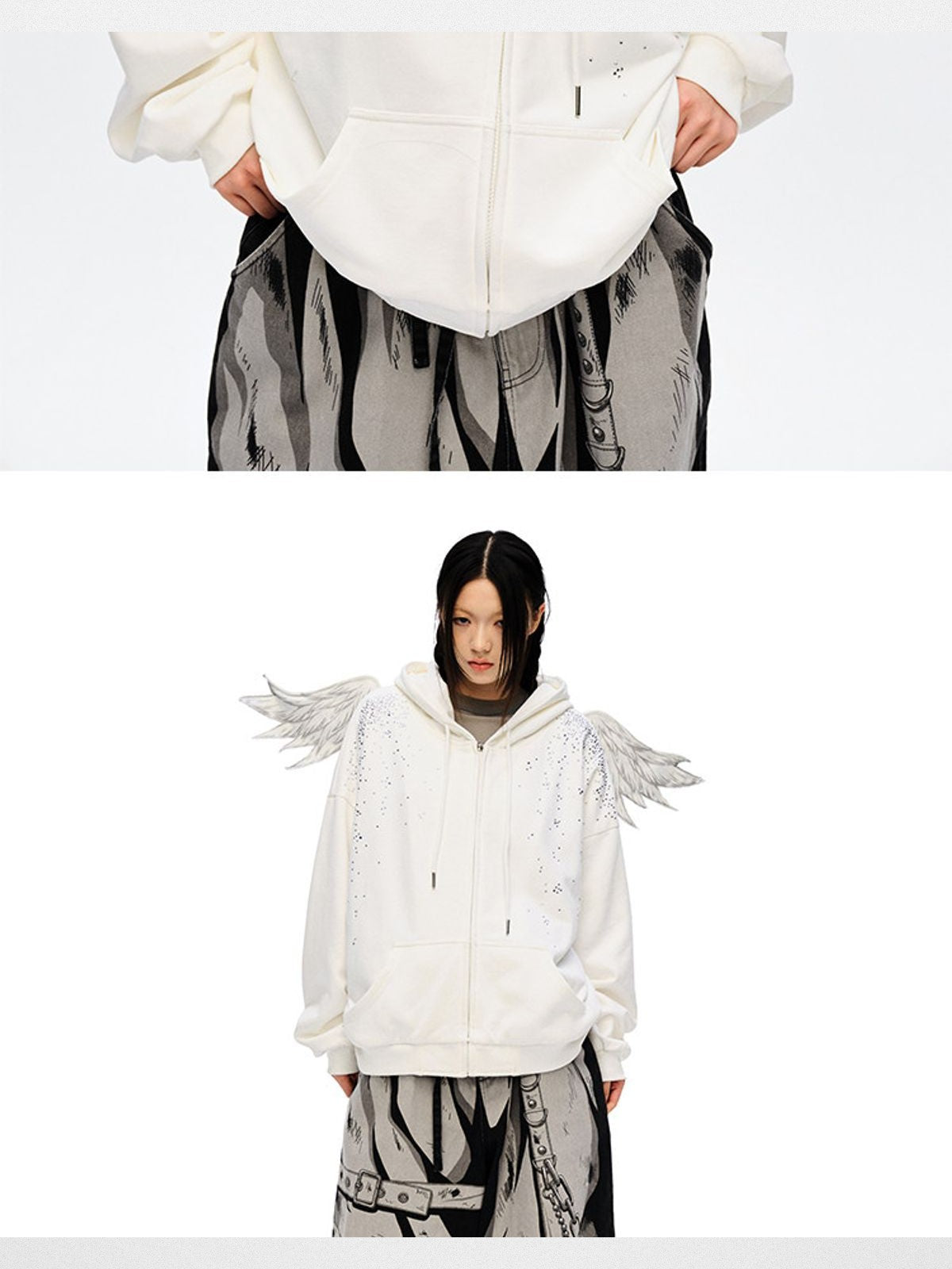 CFIERCE Rhinestone Angel Wing Zip Hoodie in White - On Female Model