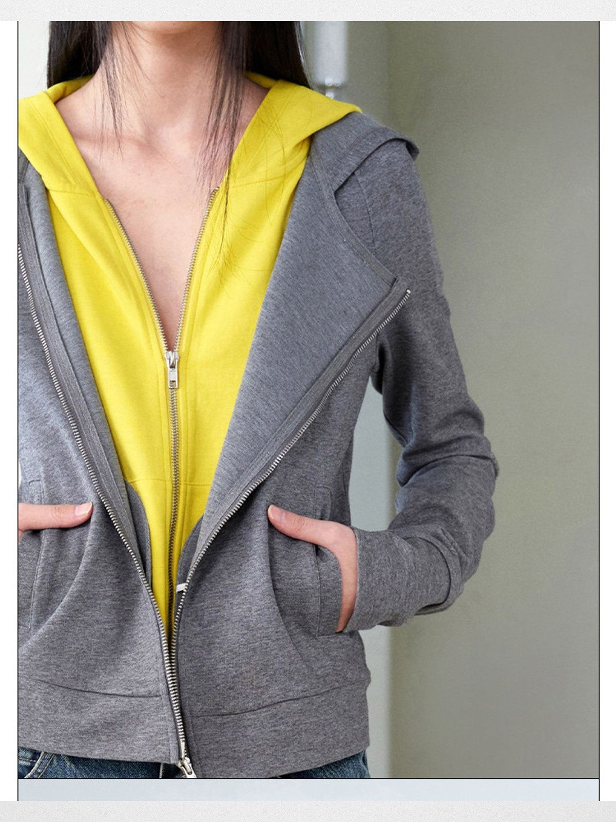 RARELY ALIKE Mock Layered Asymmetric Hoodie in Gray - On Model