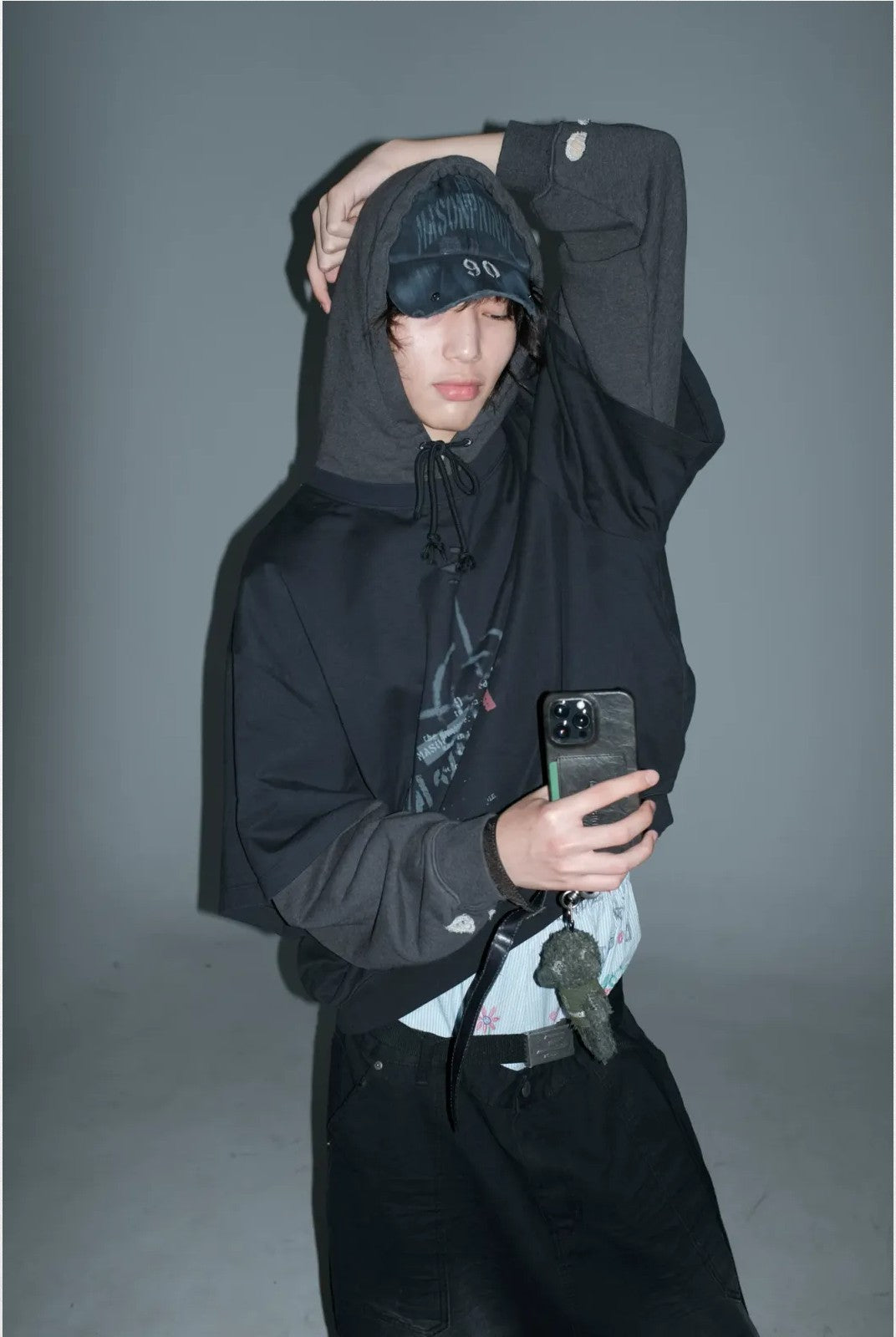 MASONPRINCE Distressed Metal Accent Baseball Cap in Black - On Model