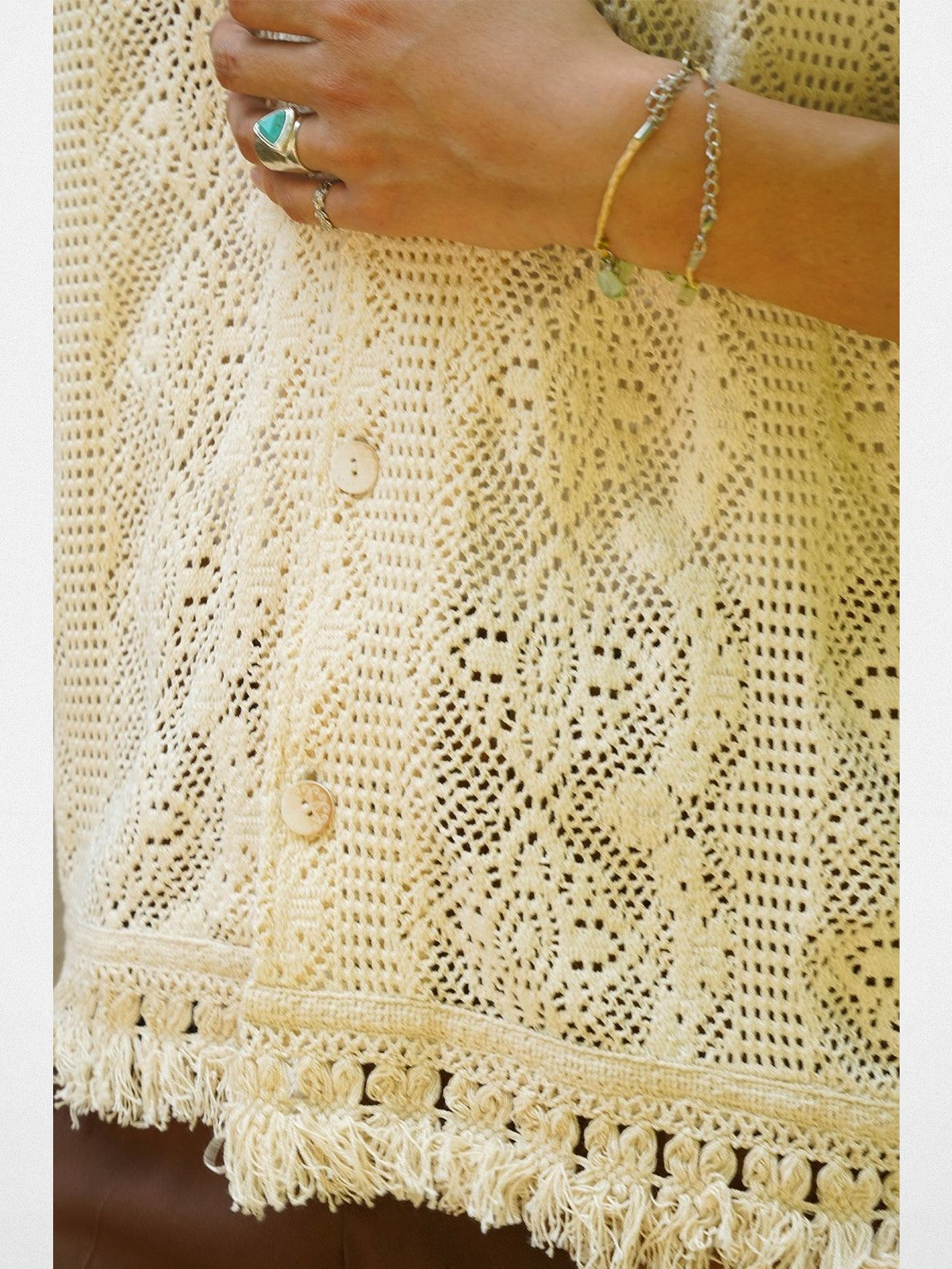 Retro 21 Fringed Lace Knit Cuban Collar Shirt in White - On Female Model