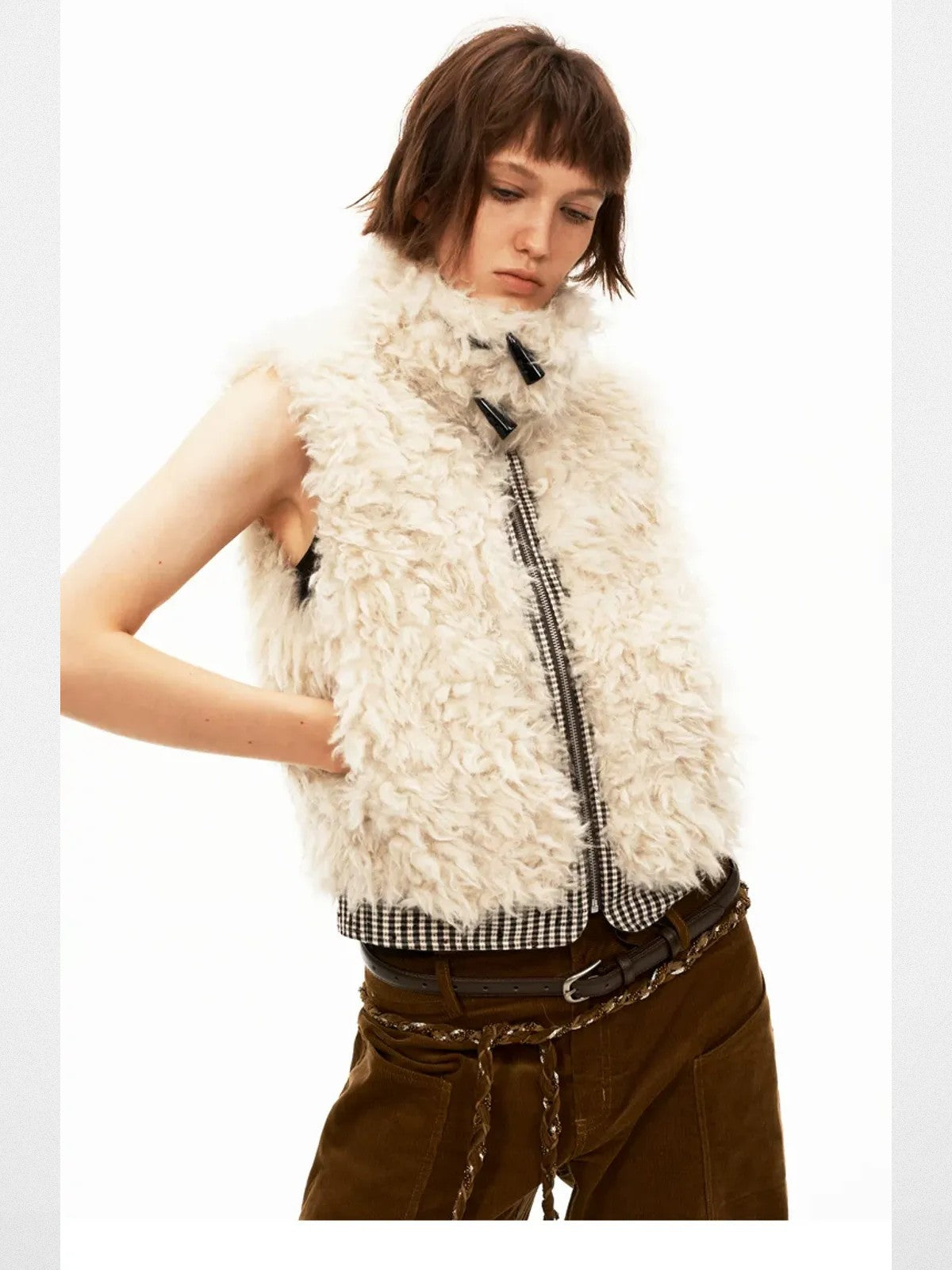 PUKI Reversible Sherpa Plaid Vest in Cream - On Model