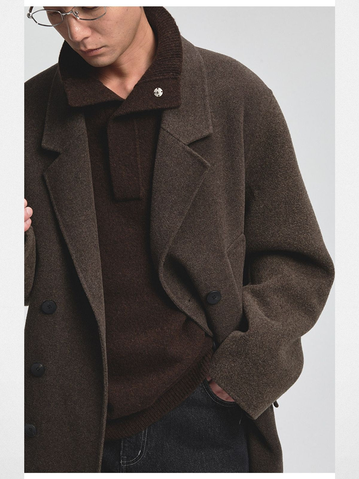 NANS Double Breasted Wool Cashmere Coat in Brown - On Model