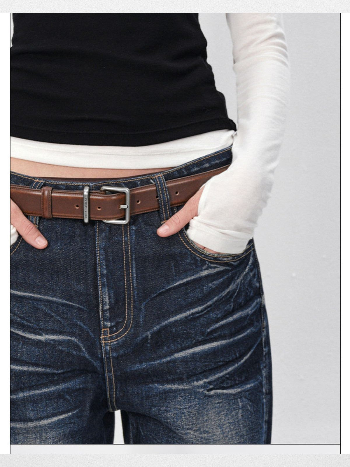 RARELY ALIKE Washed Low Rise Straight Jeans in Blue - On Model