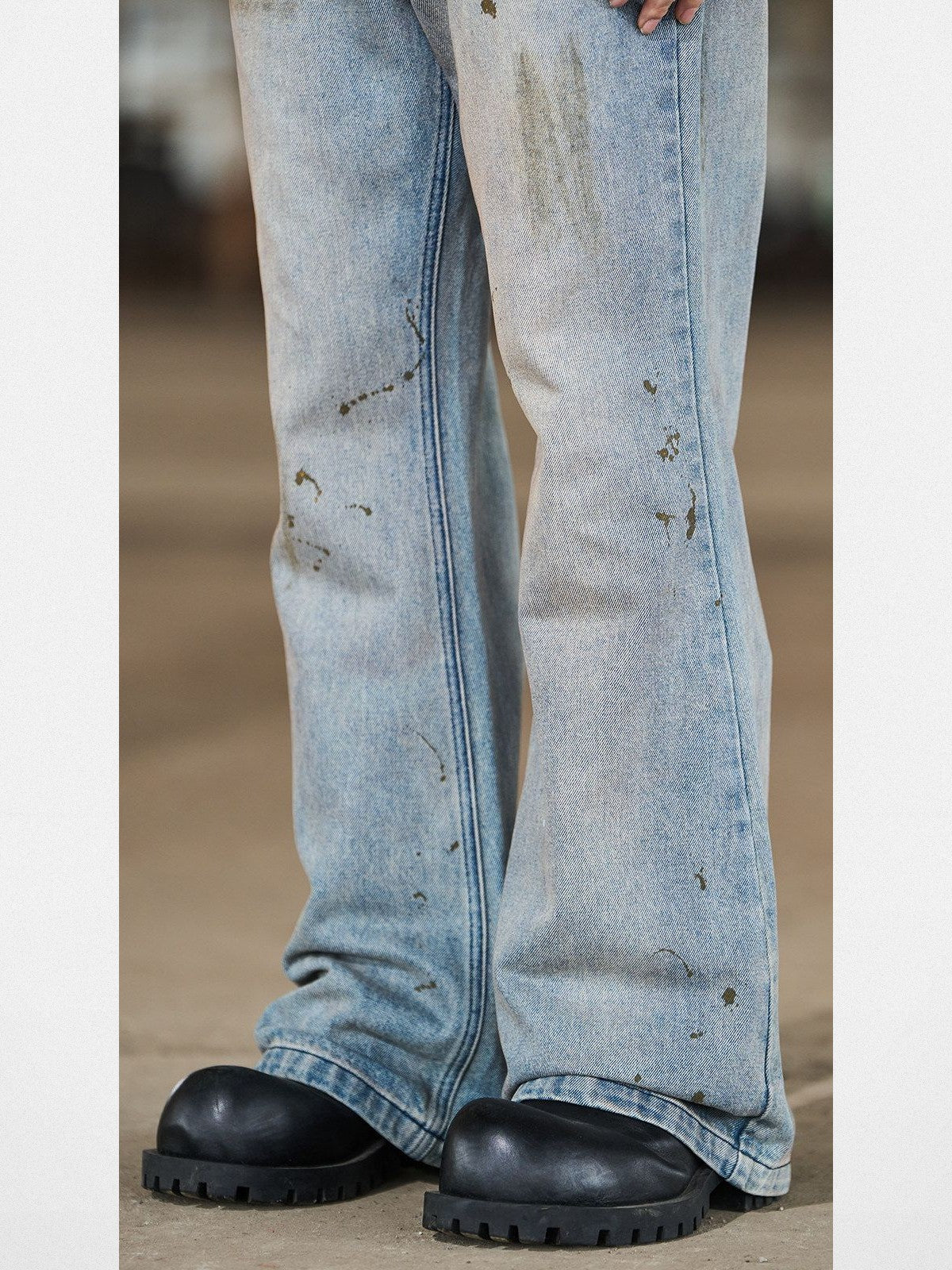 BLINDNOPLAN Distressed Ink Splatter Flare Jeans in Blue - On Model