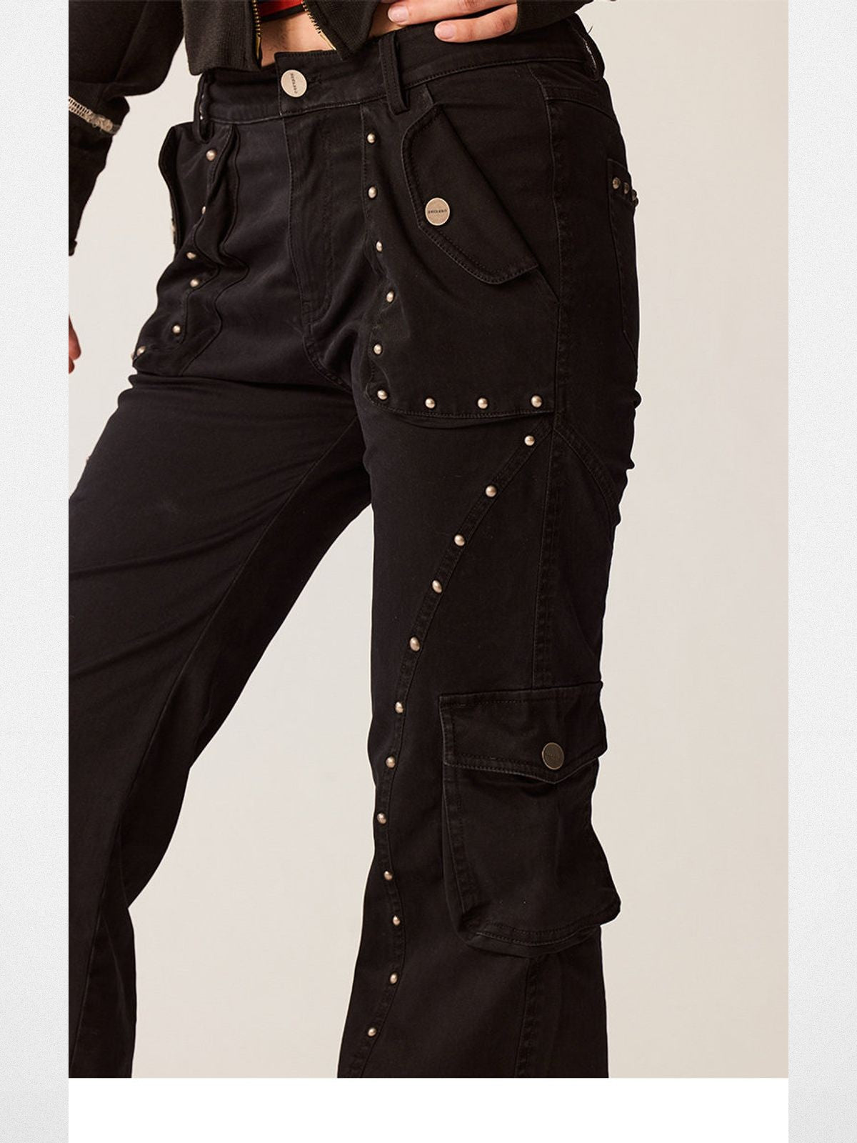 BeerBro Riveted Cargo Flare Pants in Black - On Model