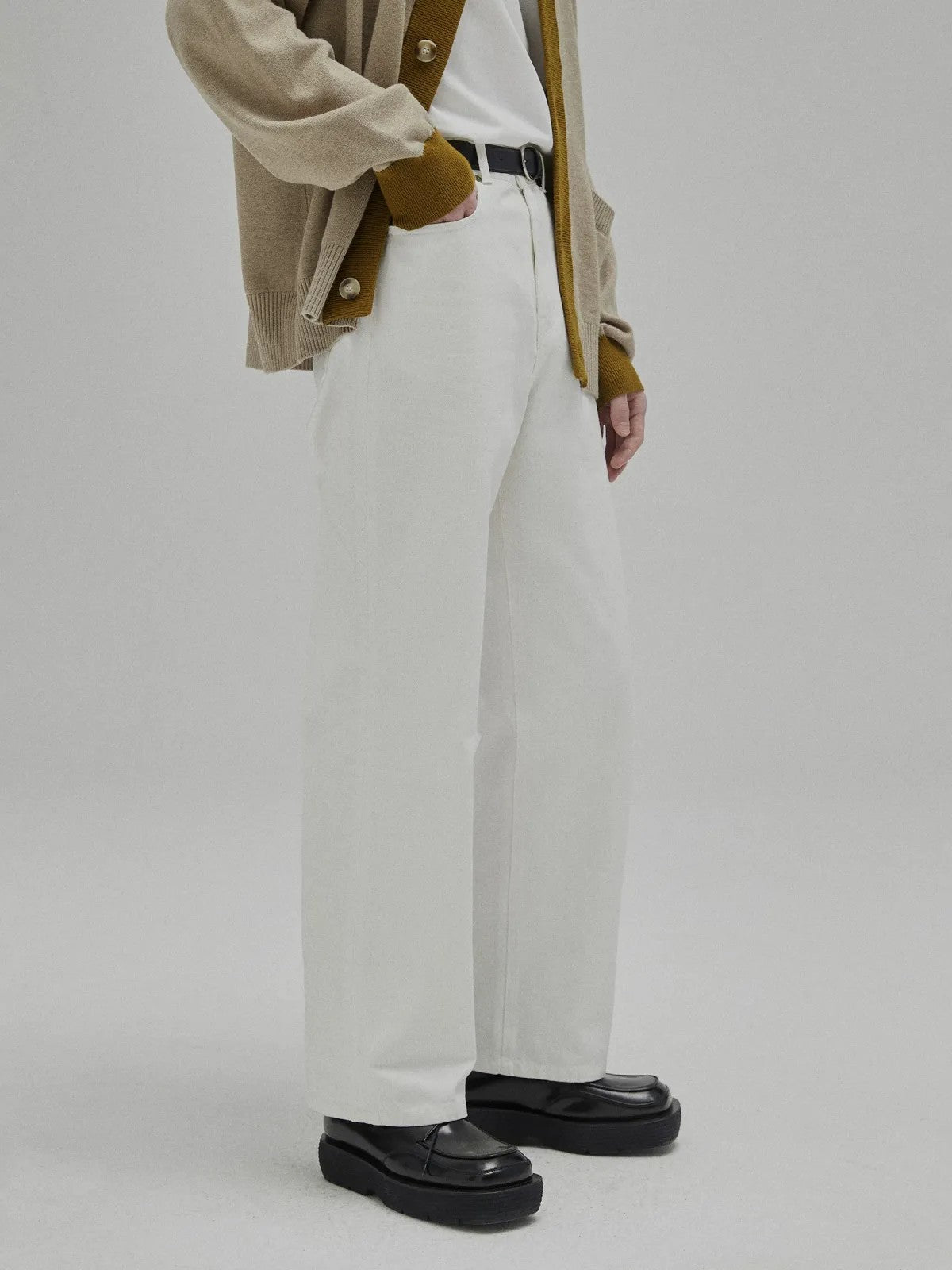 NANS 12oz Plaid Patchwork Straight Jeans in White - On Male Model