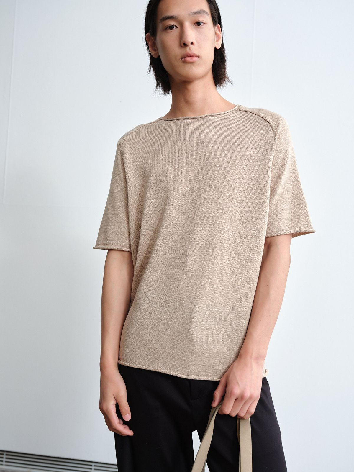 ROYA Rolled Edge Washi Silk Knit T Shirt in Beige - On Model