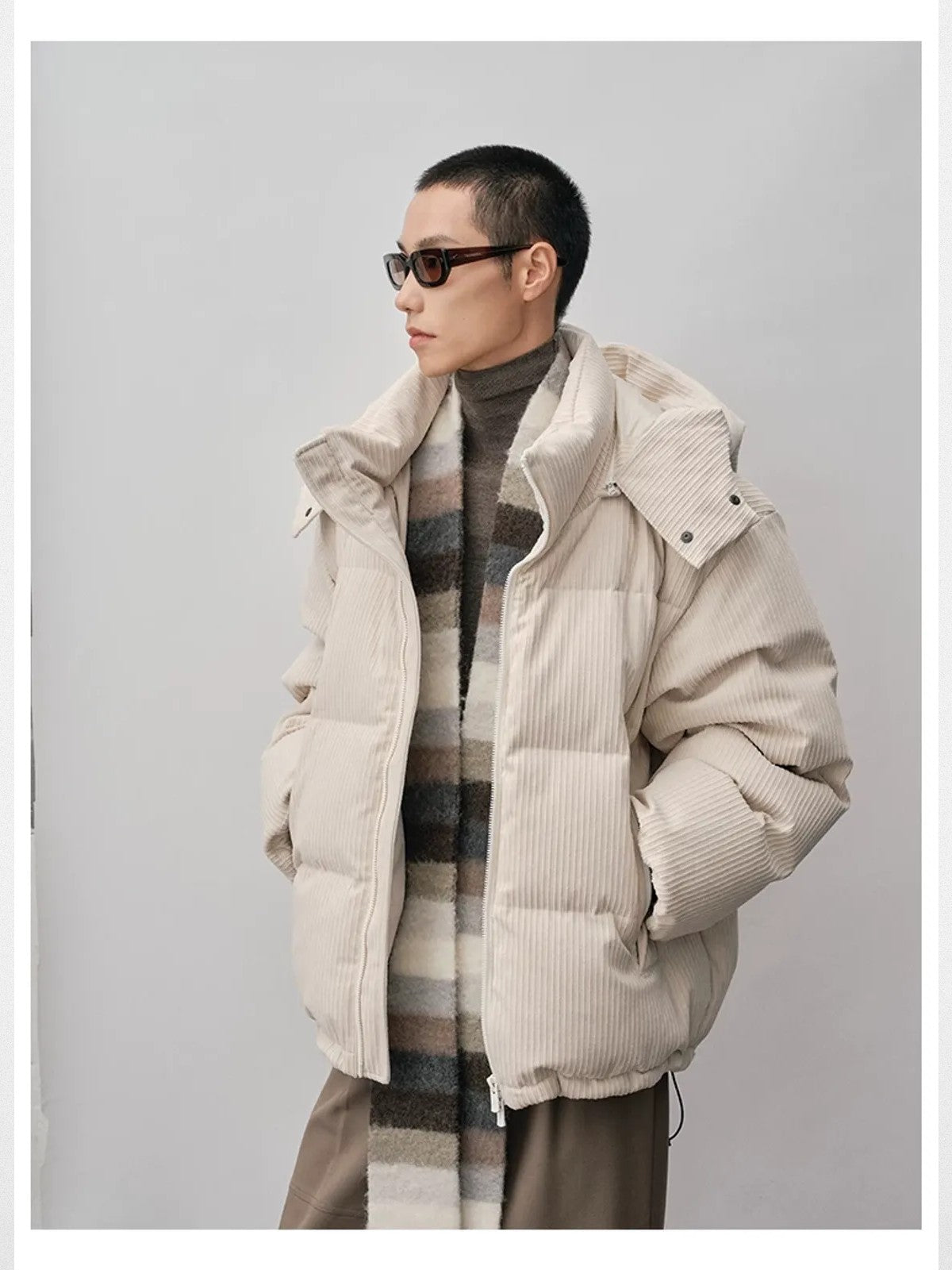 NANS Corduroy Texture Down Puffer Jacket in White - On Male Model